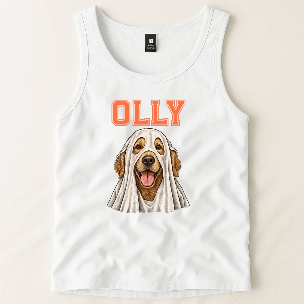 Custom Halloween Ghost Pet Portrait with Name – Personalized Spooky Dog & Cat Shirt Men's Tank Top - Front 1