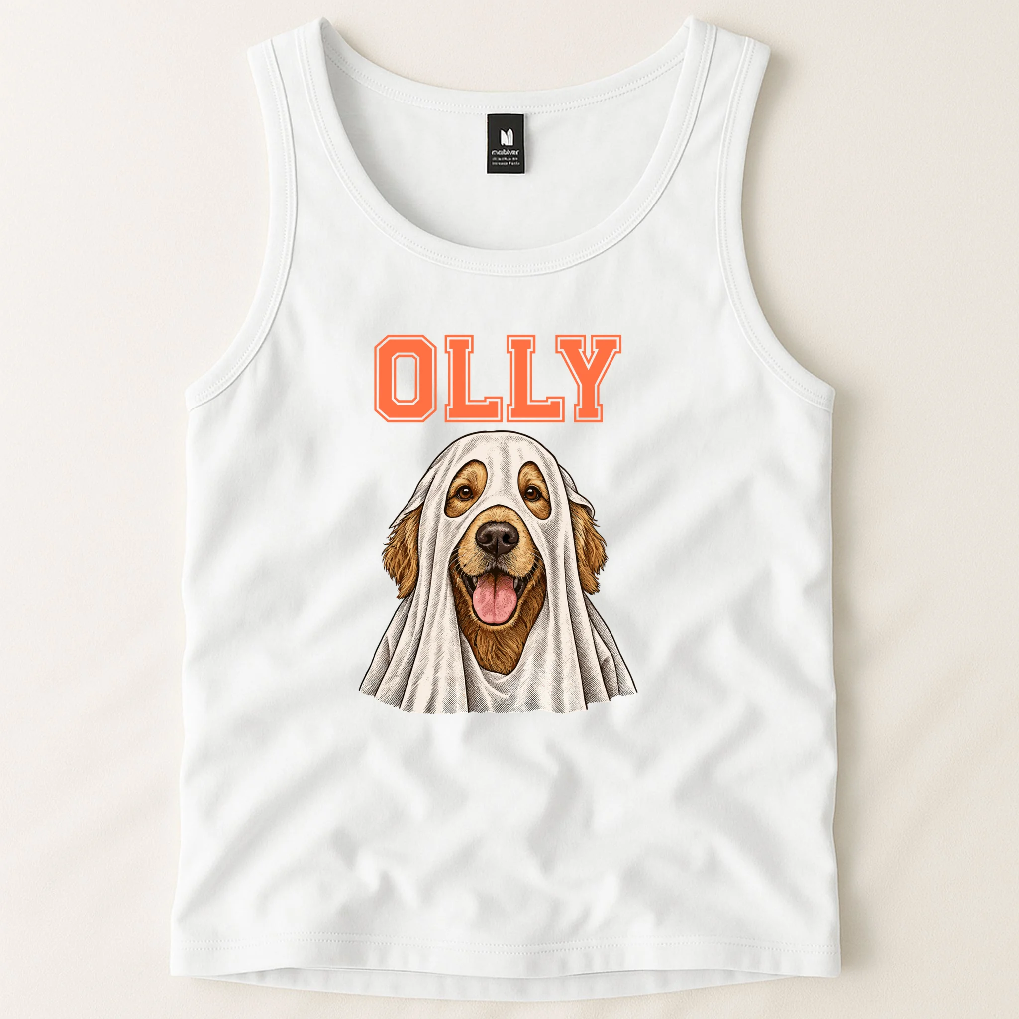 Custom Halloween Ghost Pet Portrait with Name – Personalized Spooky Dog & Cat Shirt Men's Tank Top - Front 1