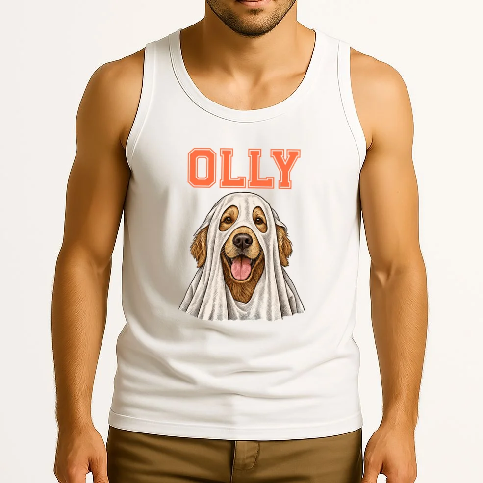Custom Halloween Ghost Pet Portrait with Name – Personalized Spooky Dog & Cat Shirt Men's Tank Top - Front 2