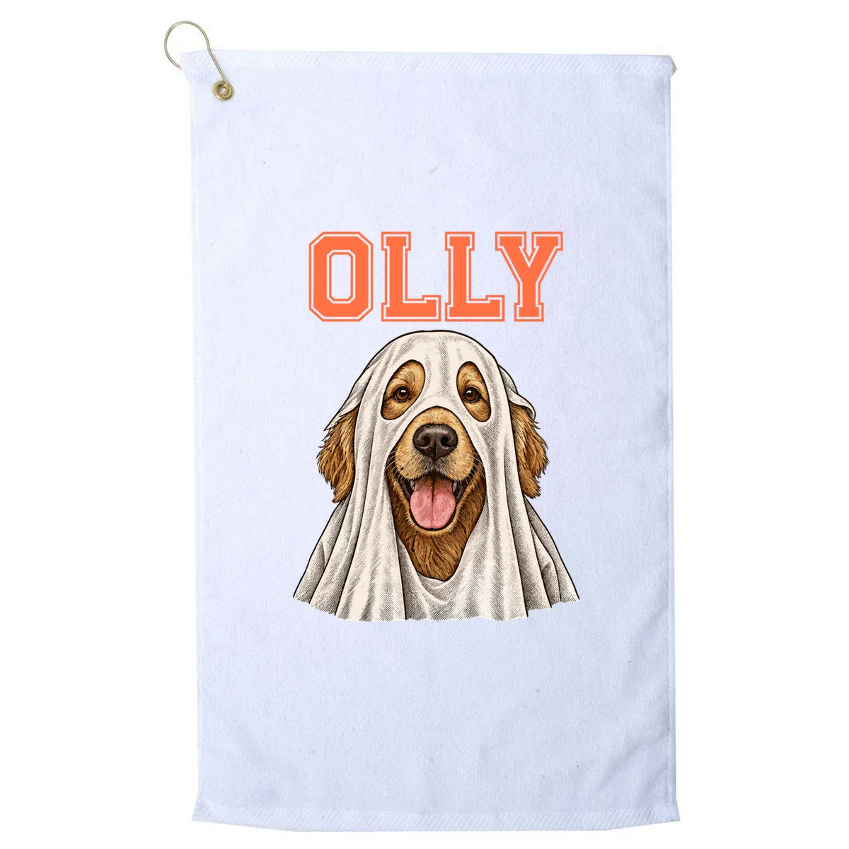 Custom Halloween Ghost Pet Portrait with Name – Personalized Spooky Dog & Cat Shirt Golf Towel - Front