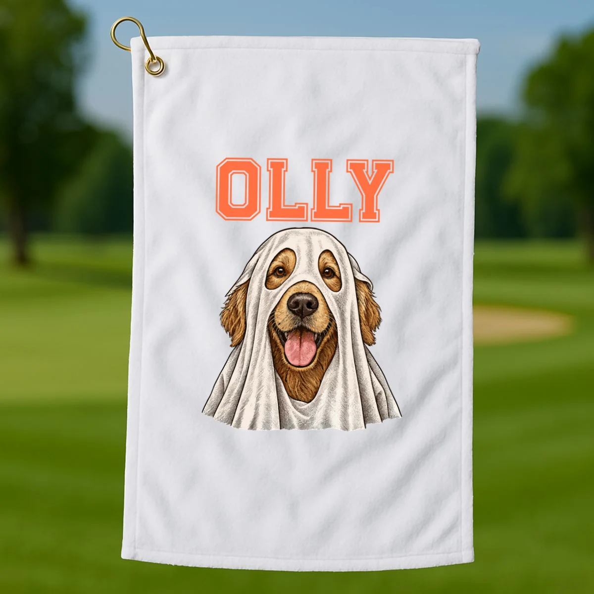 Custom Halloween Ghost Pet Portrait with Name – Personalized Spooky Dog & Cat Shirt Golf Towel - Front 1