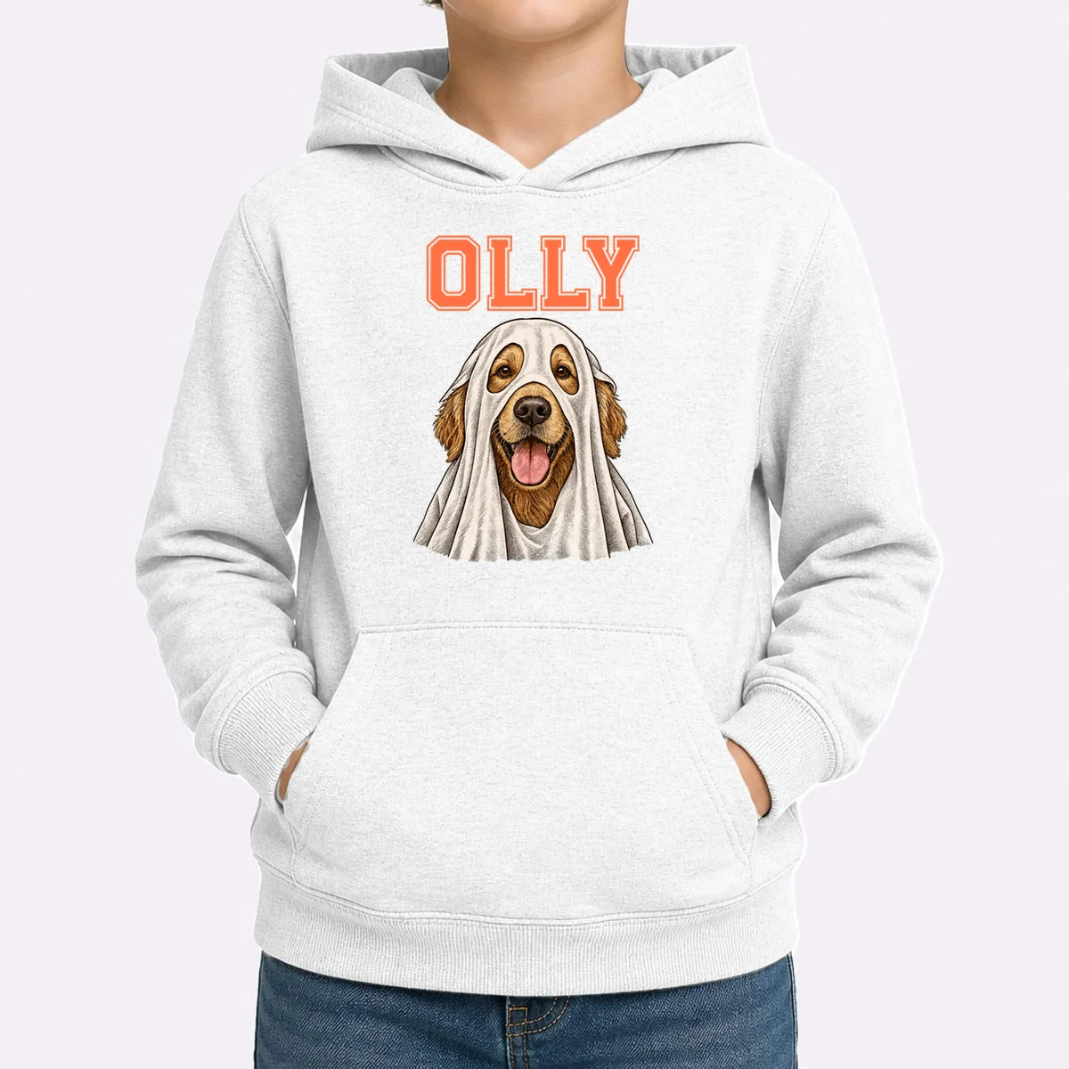 Custom Halloween Ghost Pet Portrait with Name – Personalized Spooky Dog & Cat Shirt Kids Hoodie - Front 1