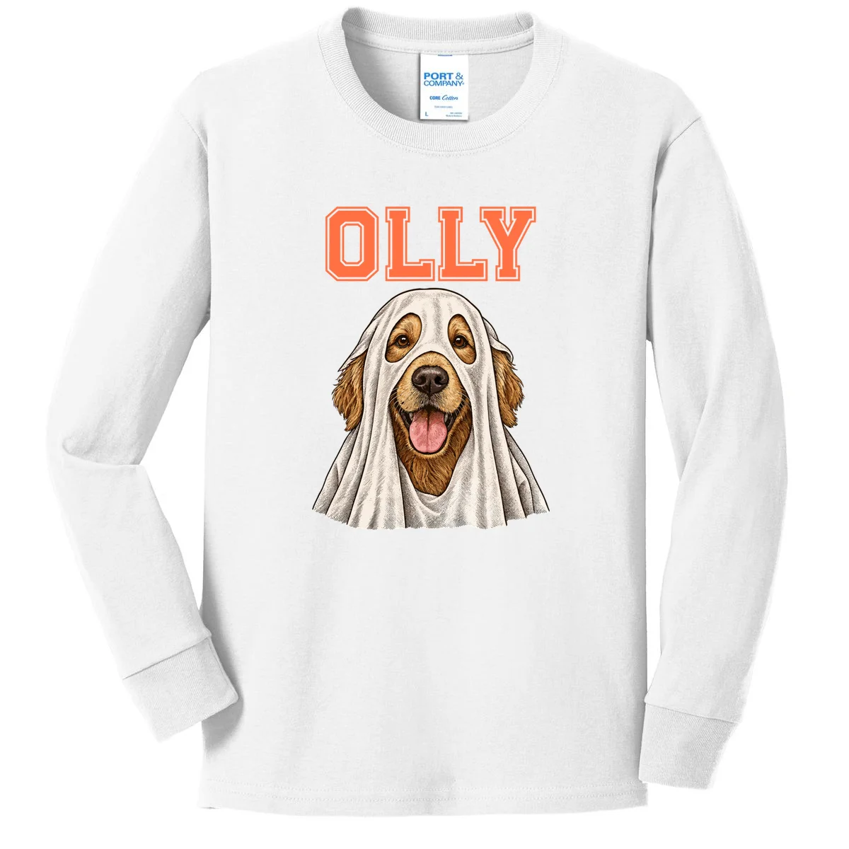 Custom Halloween Ghost Pet Portrait with Name – Personalized Spooky Dog & Cat Shirt Kids Long Sleeve Shirt - Front