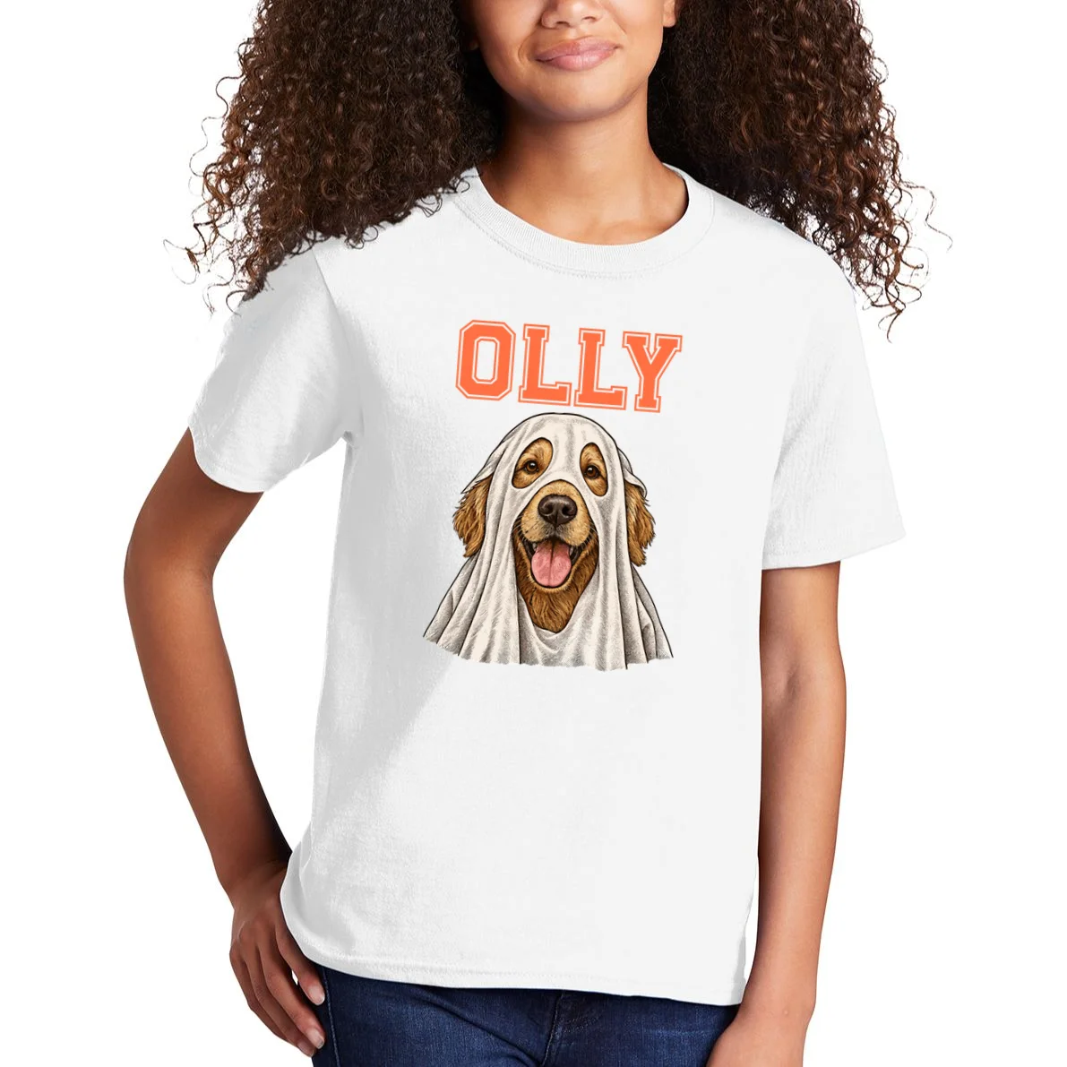 Custom Halloween Ghost Pet Portrait with Name – Personalized Spooky Dog & Cat Shirt Kids T-Shirt - Front 1