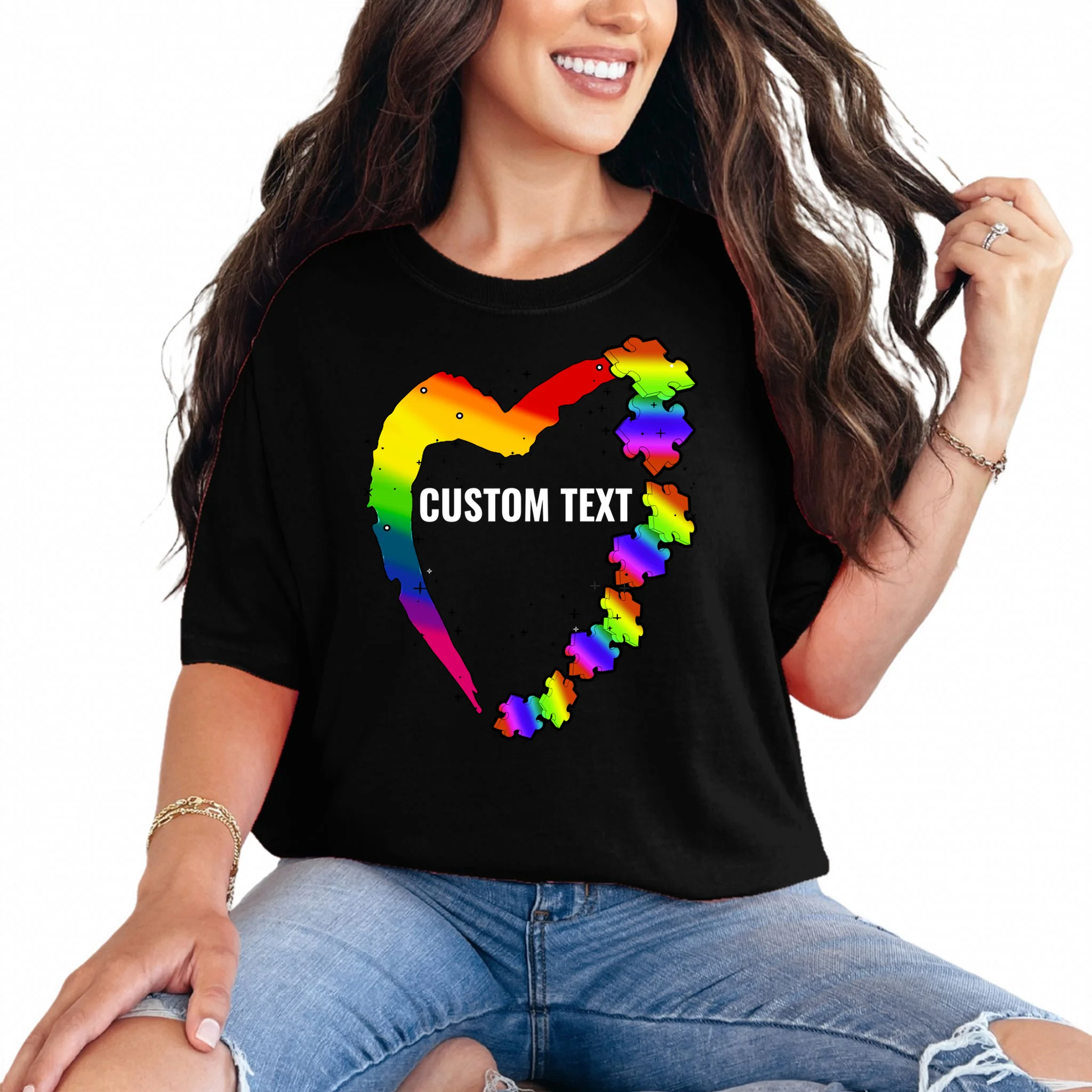 Personalize Autism Heart Custom Name Text Rainbow Puzzle T-Shirt Front