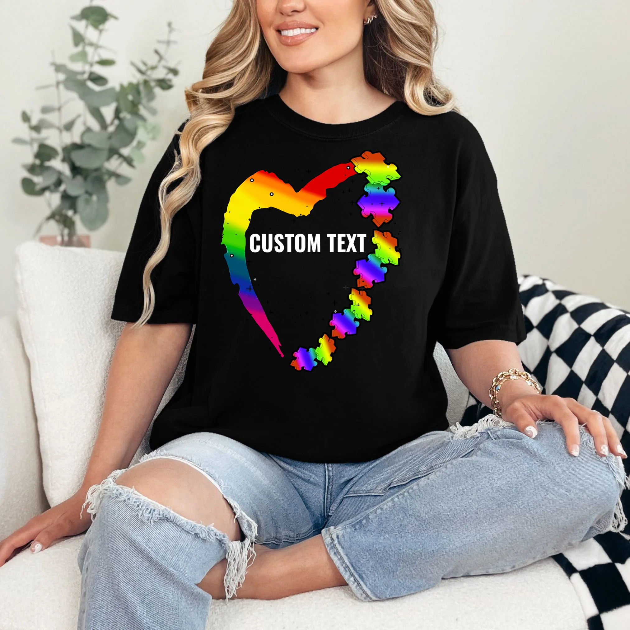 Personalize Autism Heart Custom Name Text Rainbow Puzzle T-Shirt - Front 1