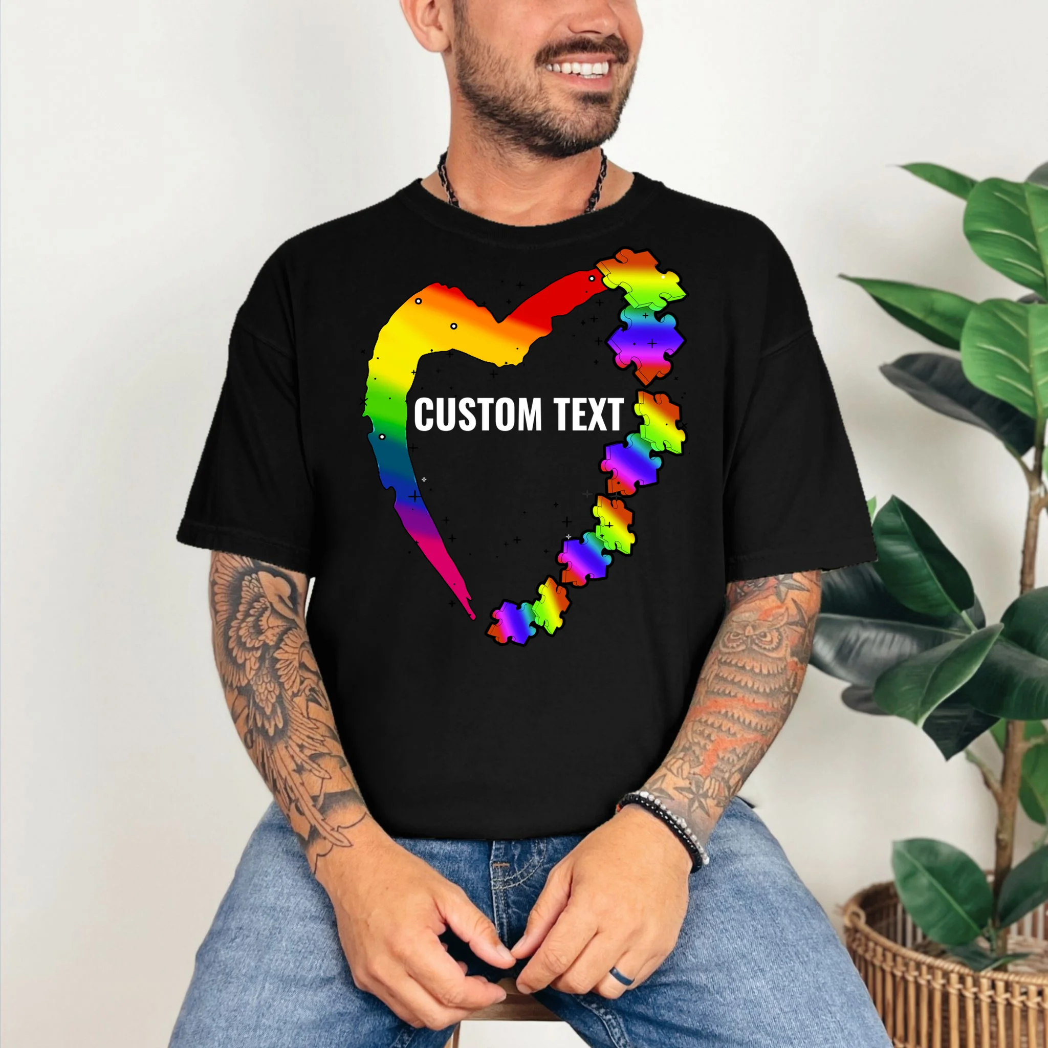 Personalize Autism Heart Custom Name Text Rainbow Puzzle T-Shirt - Front 2