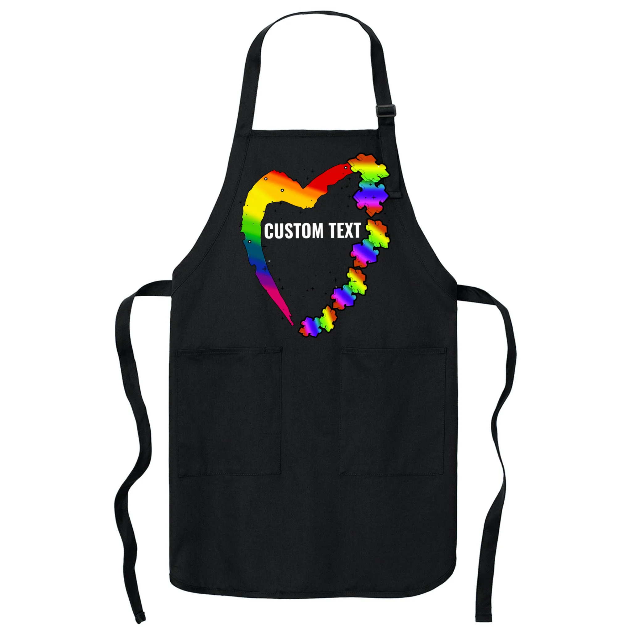 Personalize Autism Heart Custom Name Text Rainbow Puzzle Apron - Front