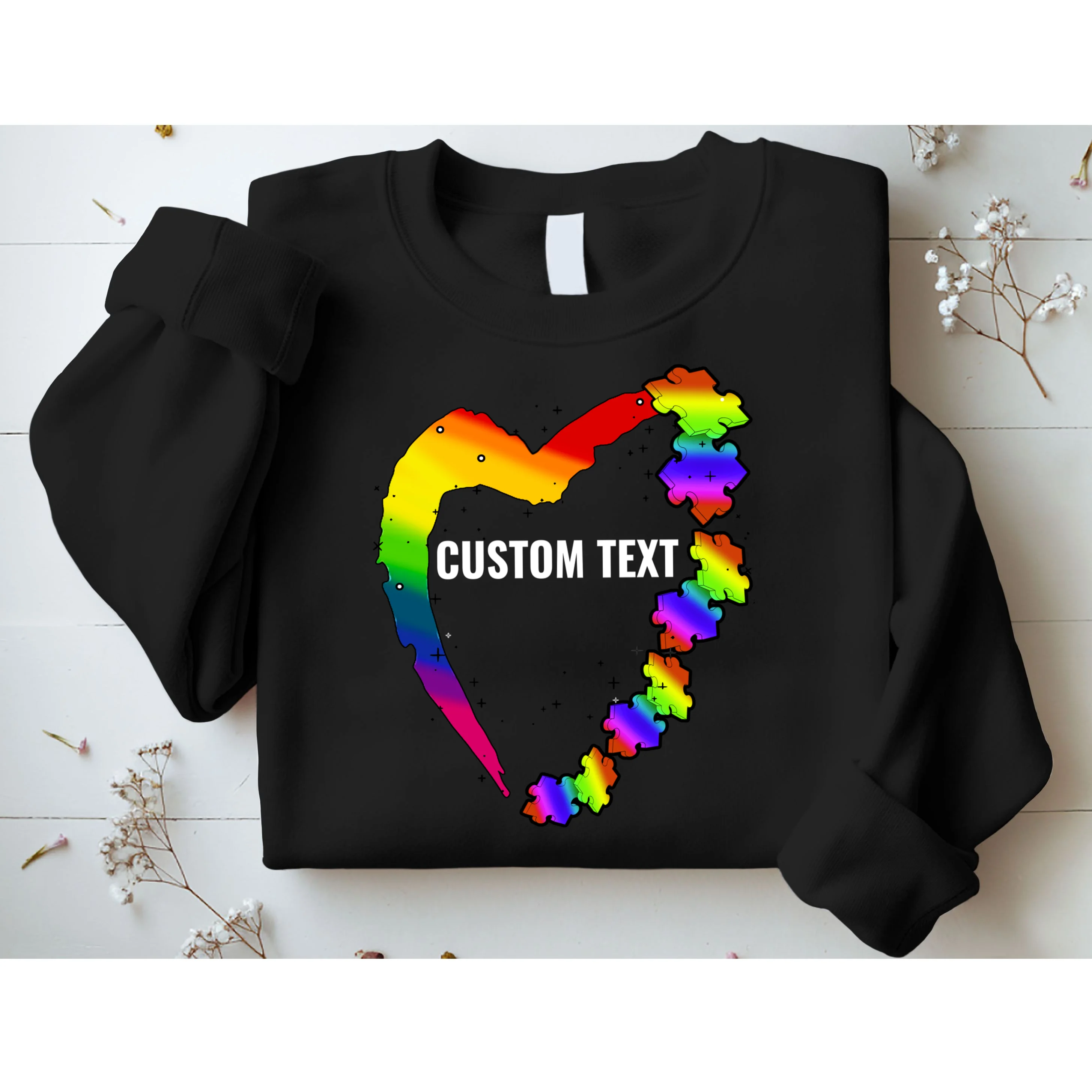 Personalize Autism Heart Custom Name Text Rainbow Puzzle Sweatshirt - Front 1