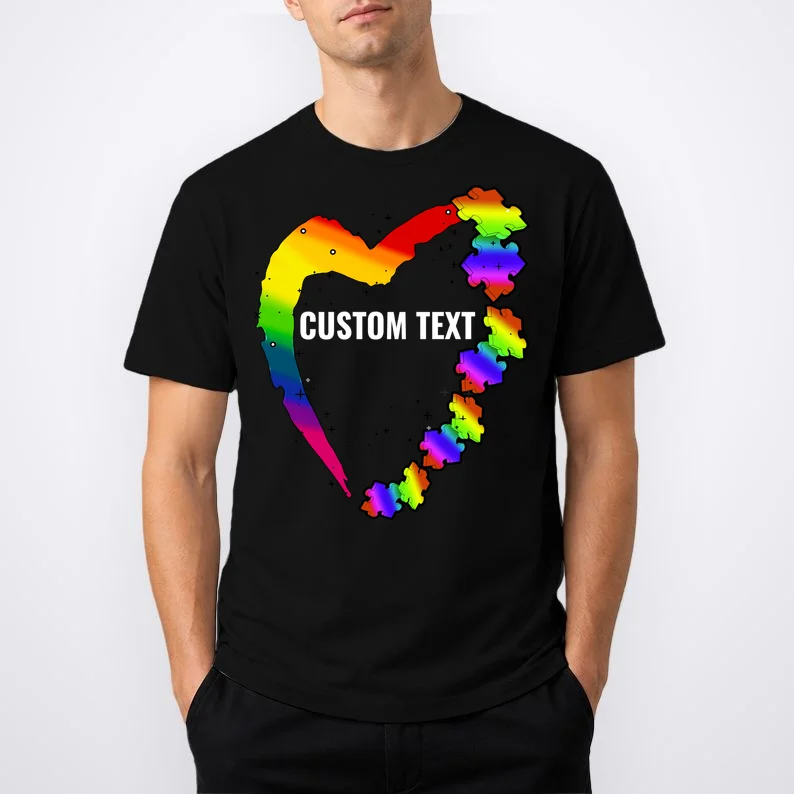 Personalize Autism Heart Custom Name Text Rainbow Puzzle T-Shirt - Front 1
