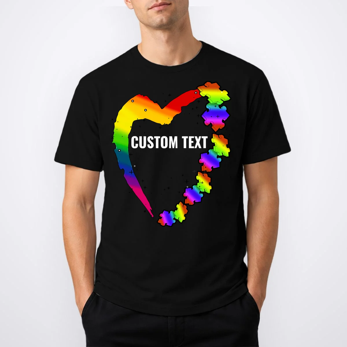 Personalize Autism Heart Custom Name Text Rainbow Puzzle Men's T-Shirt - Front 1