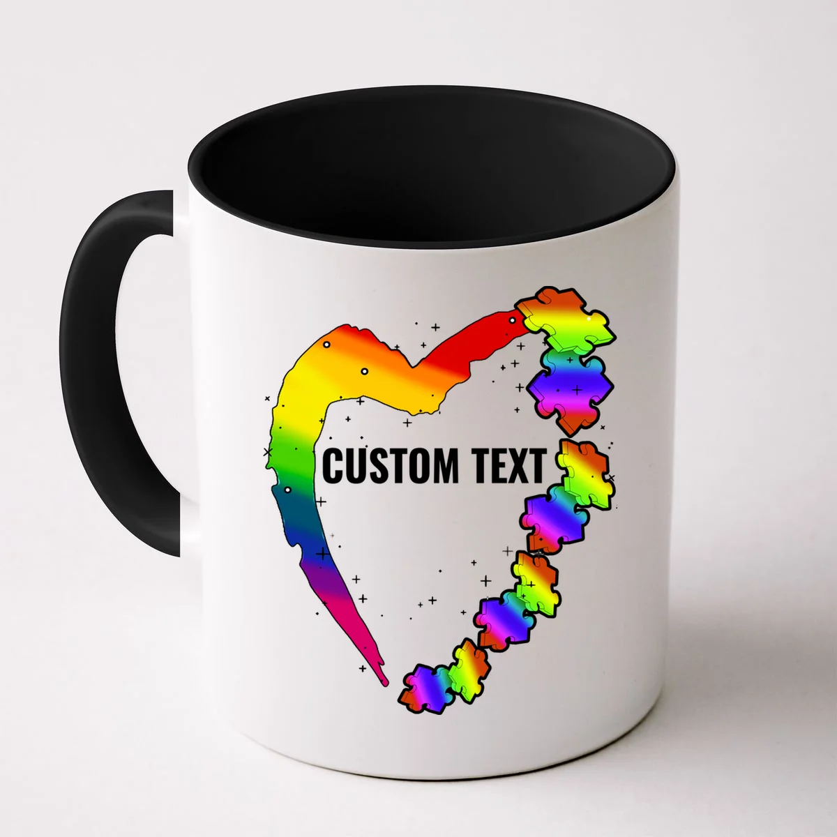 Personalize Autism Heart Custom Name Text Rainbow Puzzle Coffee Mug - Front