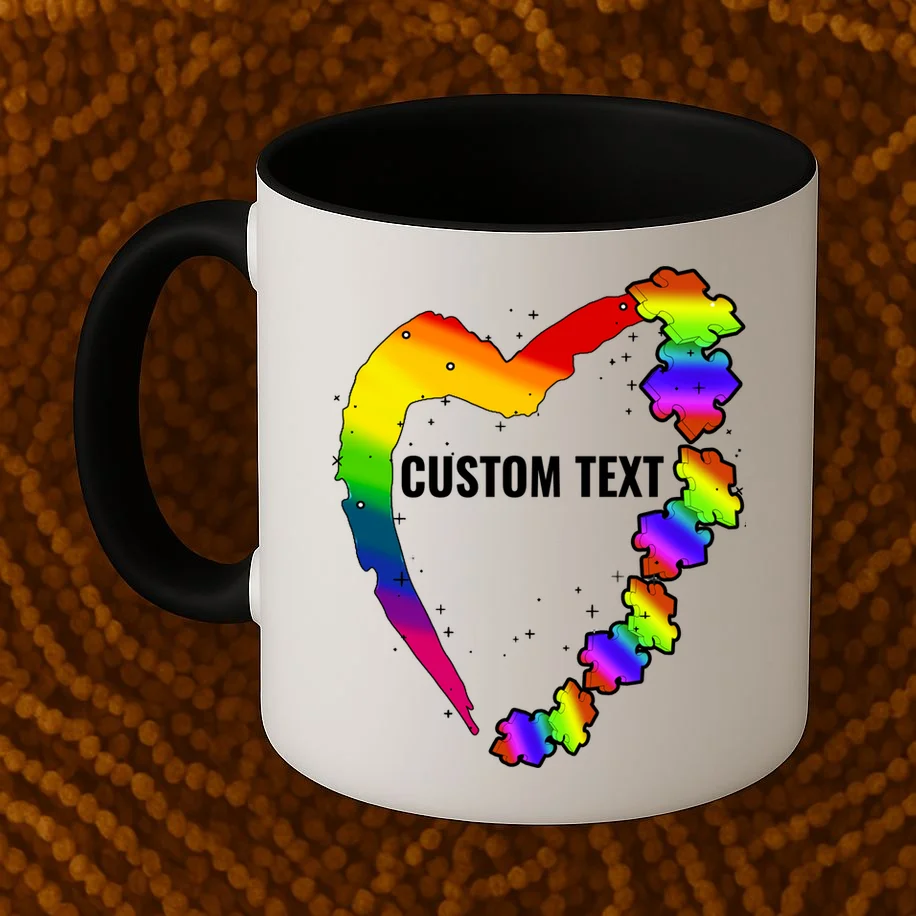 Personalize Autism Heart Custom Name Text Rainbow Puzzle Coffee Mug - Front 1