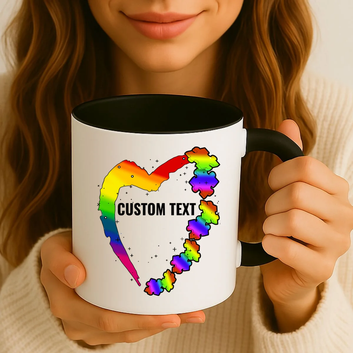 Personalize Autism Heart Custom Name Text Rainbow Puzzle Coffee Mug - Front 2