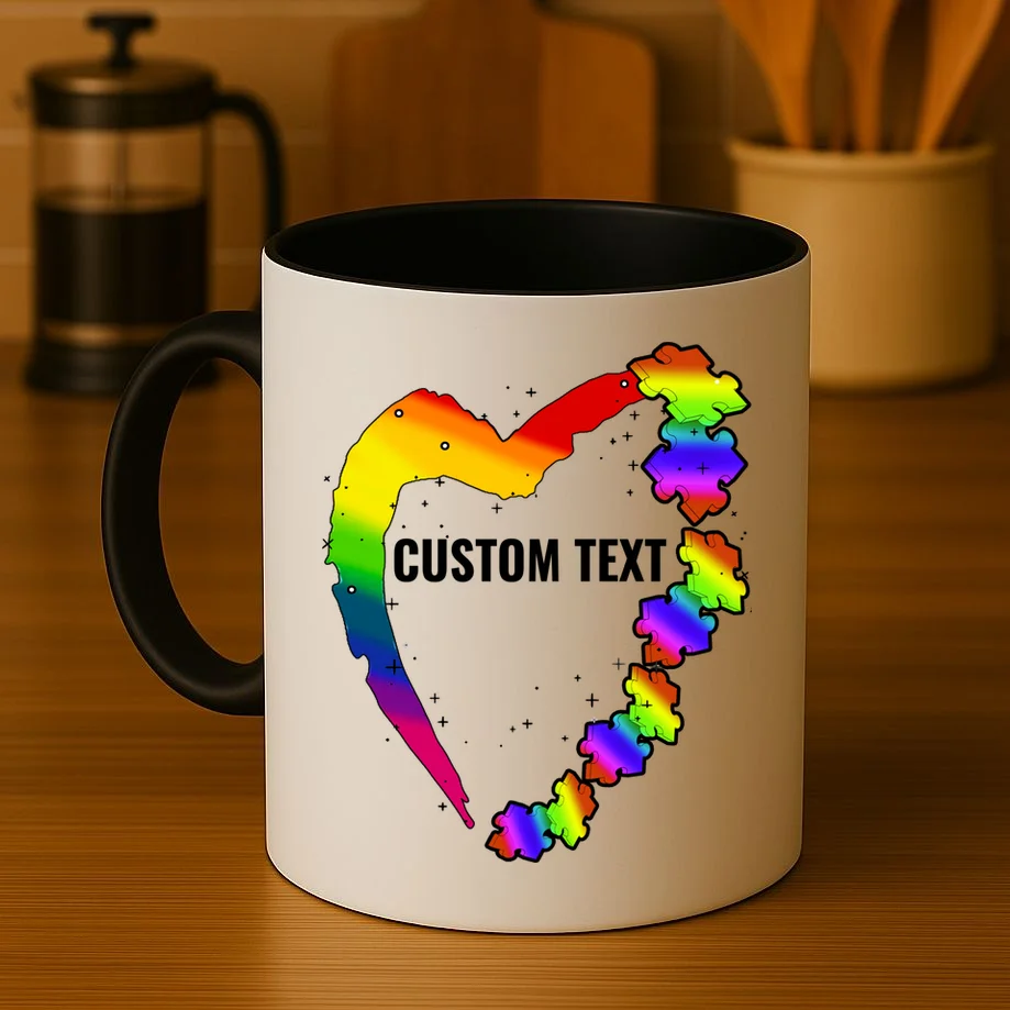Personalize Autism Heart Custom Name Text Rainbow Puzzle Coffee Mug - Front 3