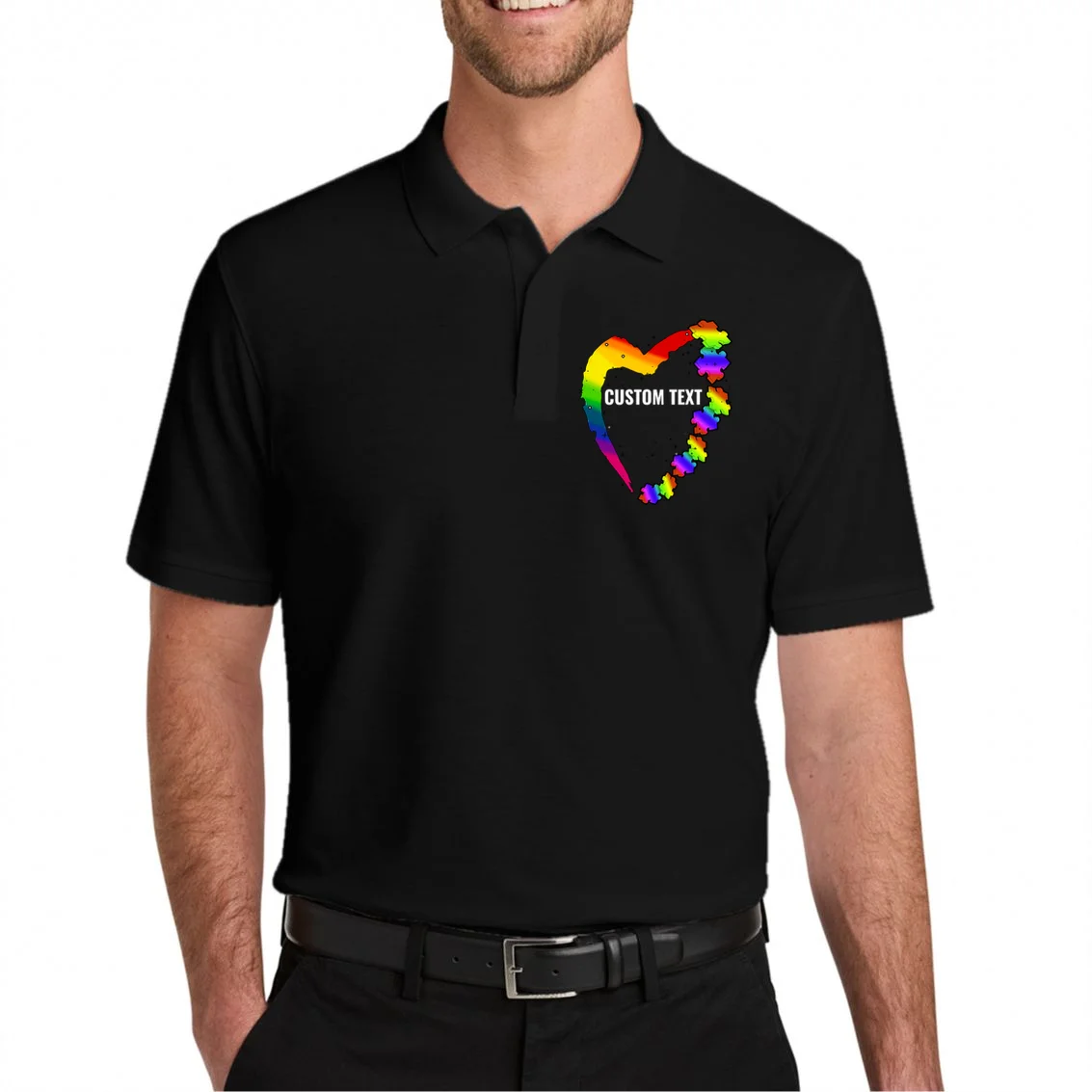 Personalize Autism Heart Custom Name Text Rainbow Puzzle Men's Polo - Front 1