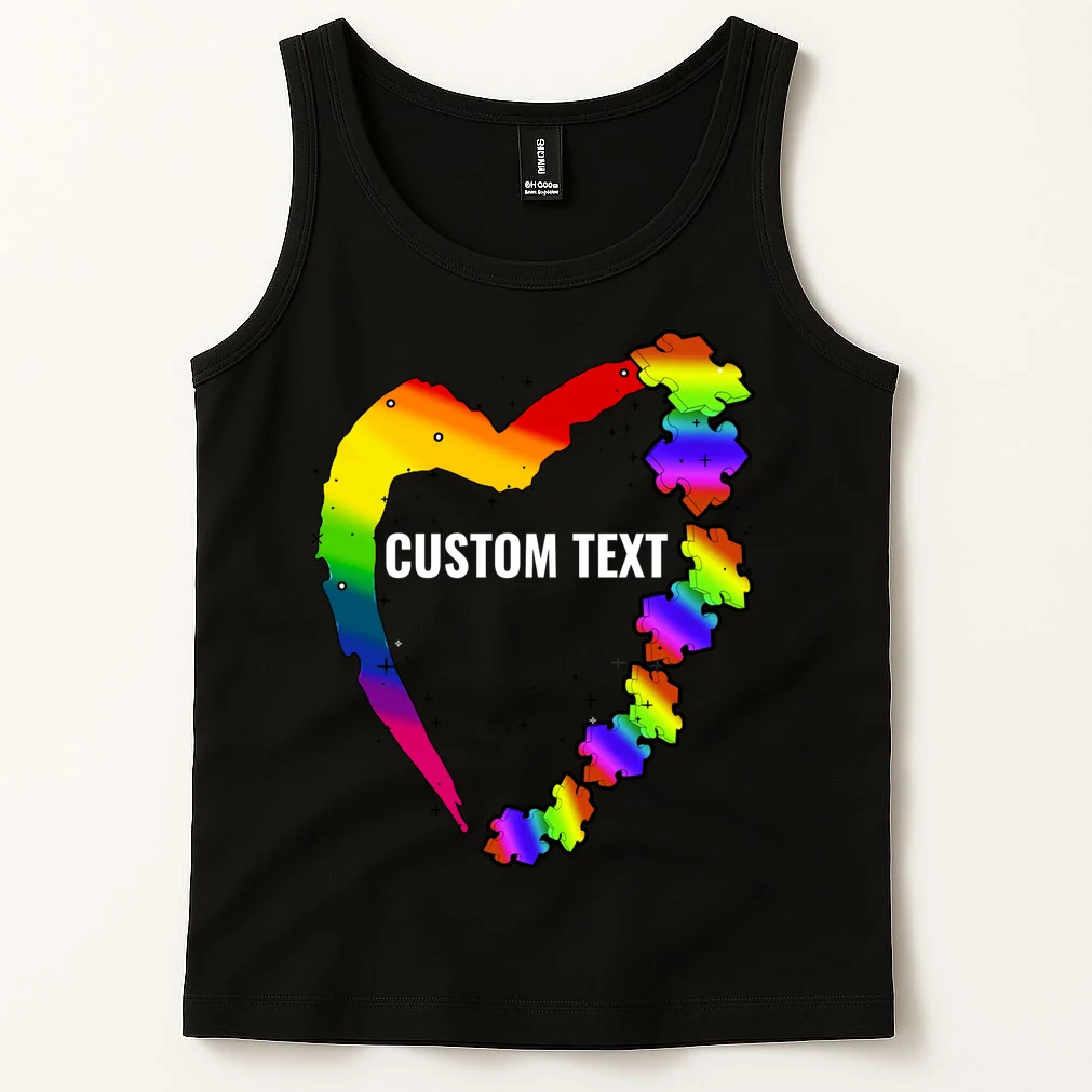 Personalize Autism Heart Custom Name Text Rainbow Puzzle Tank Top - Front 1