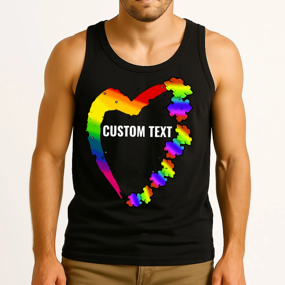 Personalize Autism Heart Custom Name Text Rainbow Puzzle Tank Top - Front 2