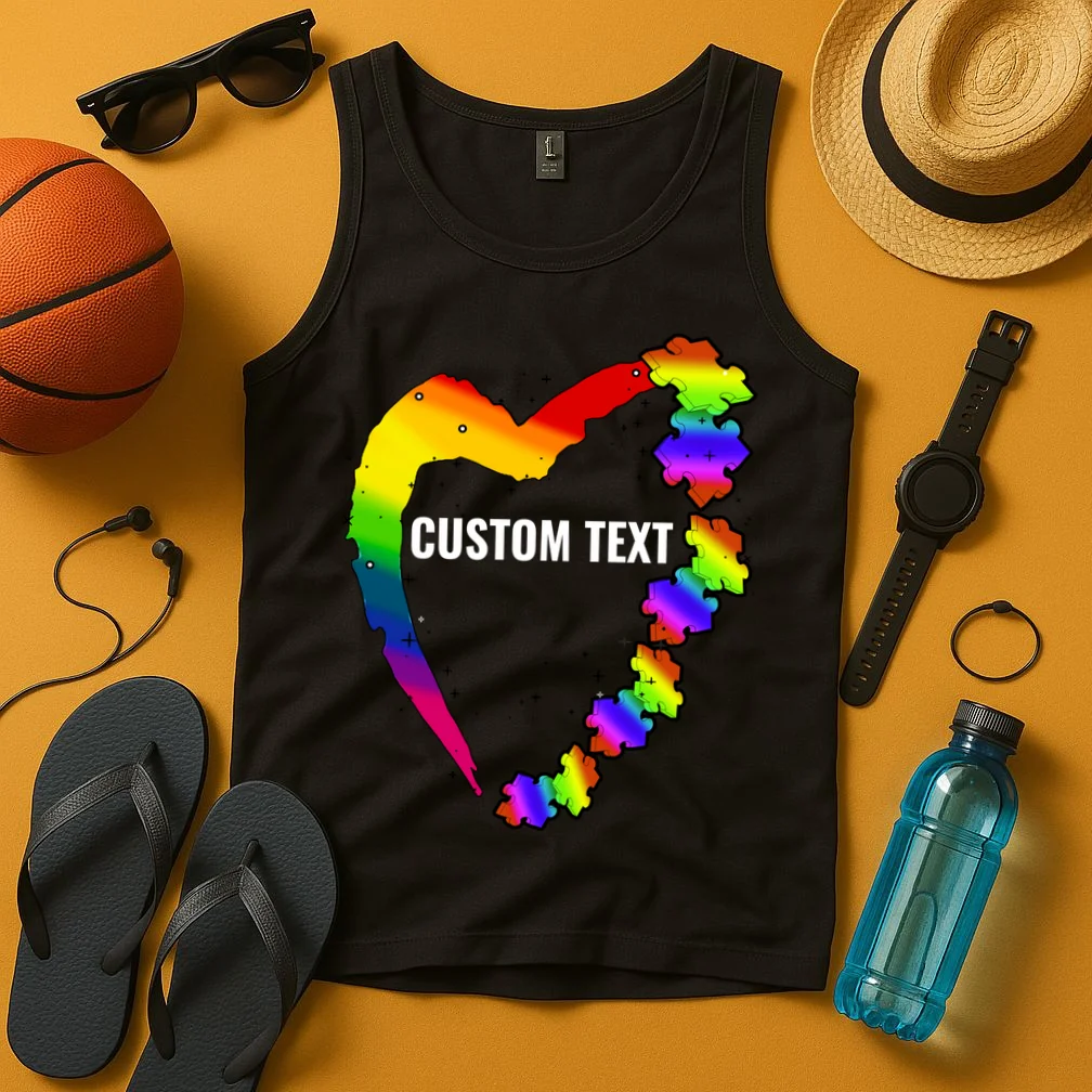 Personalize Autism Heart Custom Name Text Rainbow Puzzle Tank Top - Front 3