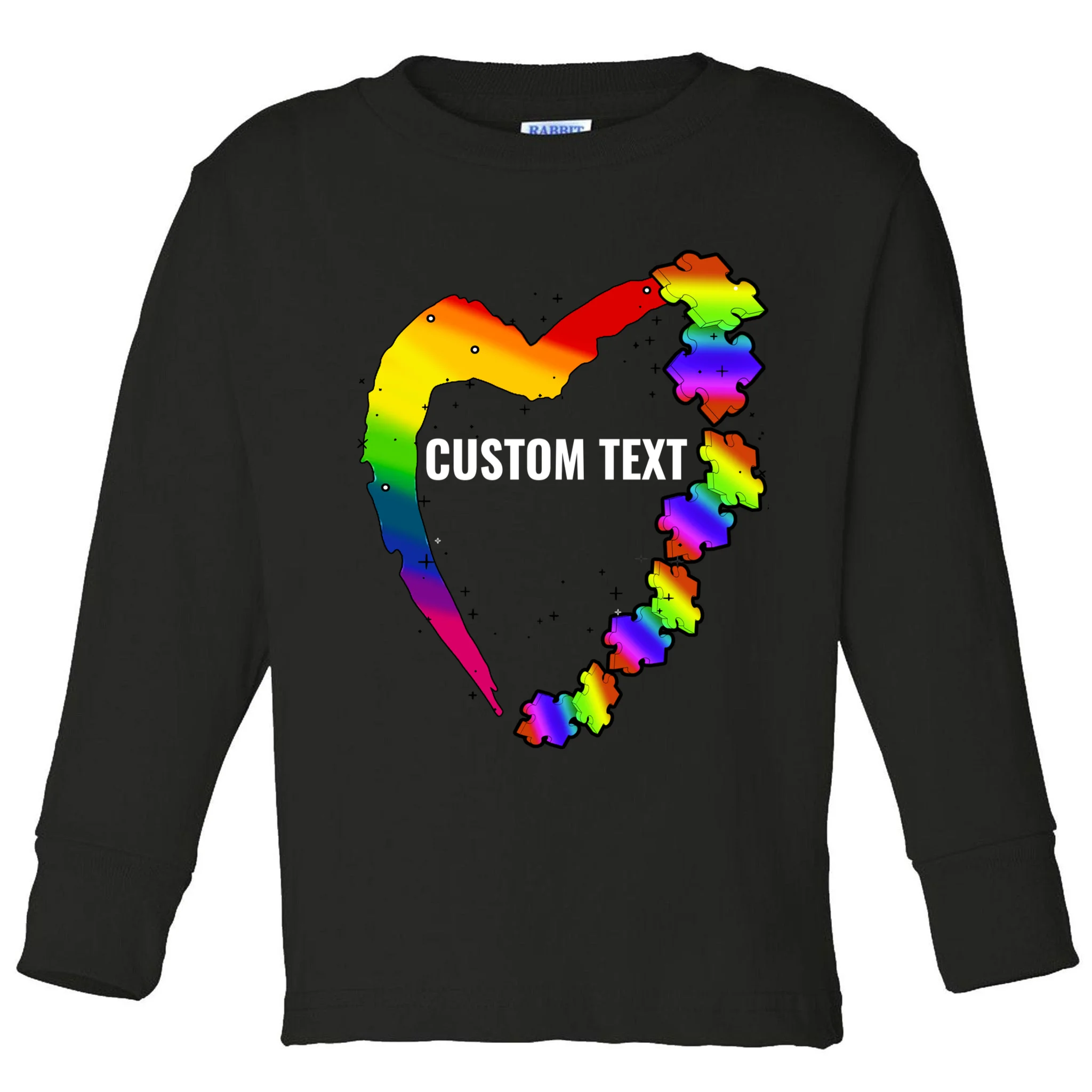 Personalize Autism Heart Custom Name Text Rainbow Puzzle Toddler Long Sleeve Shirt - Front