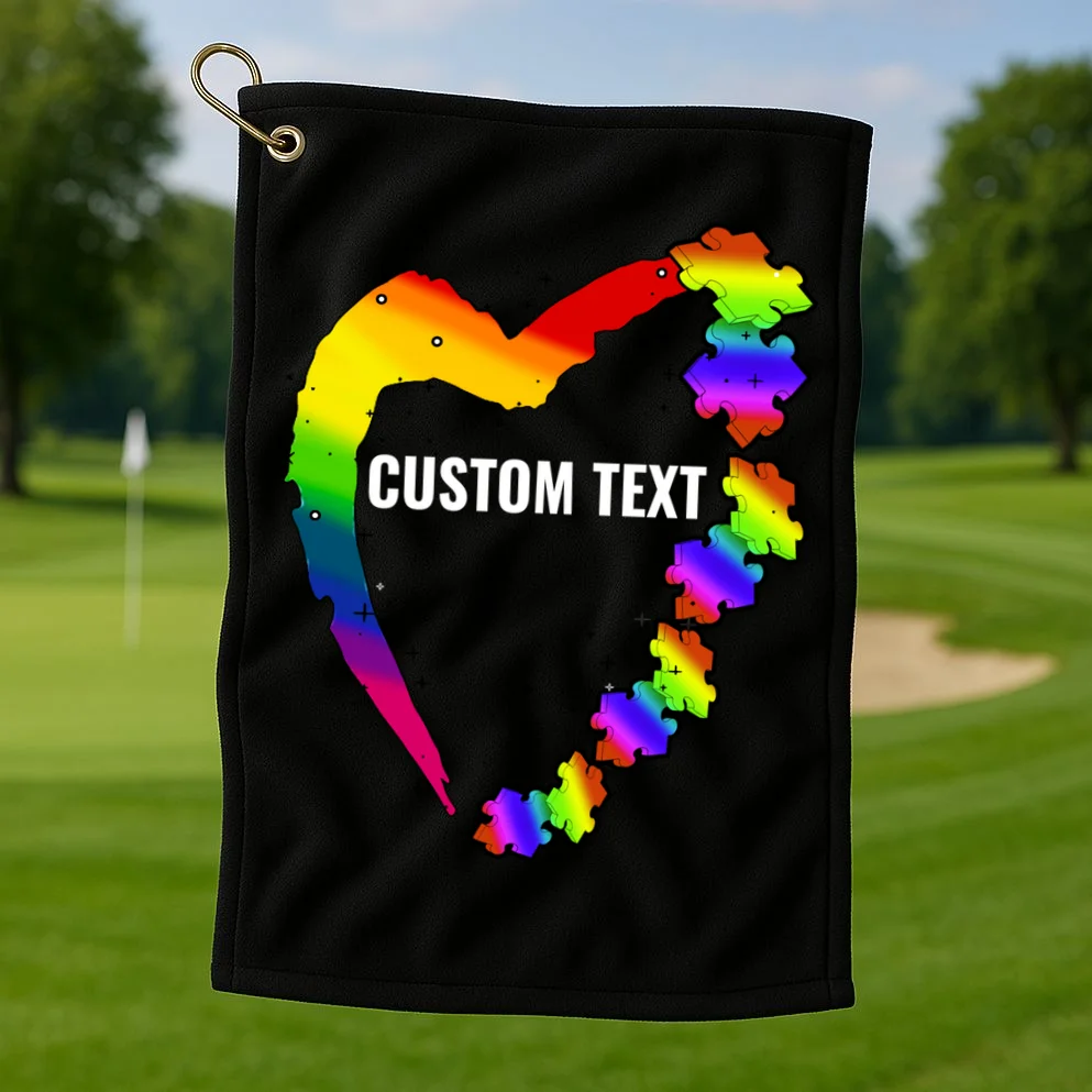 Personalize Autism Heart Custom Name Text Rainbow Puzzle Golf Towel - Front 1