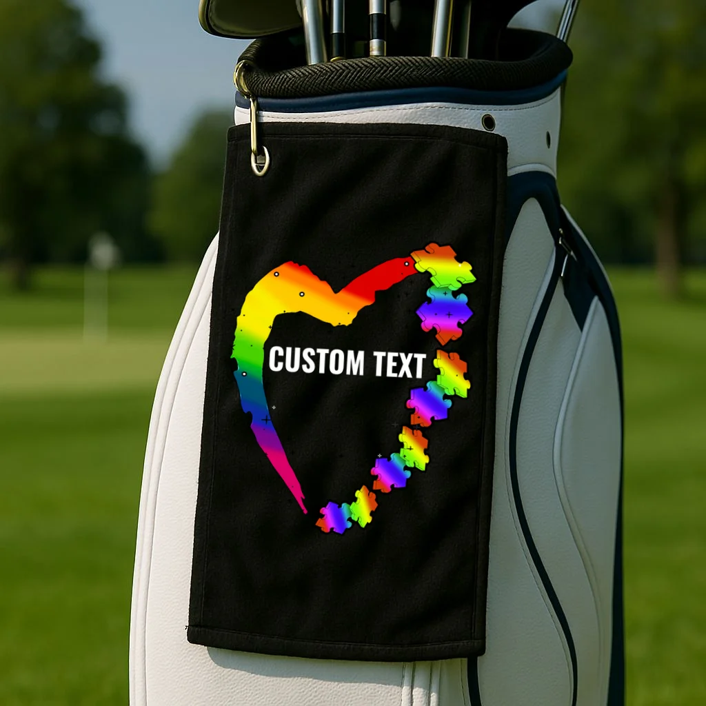 Personalize Autism Heart Custom Name Text Rainbow Puzzle Golf Towel - Front 2