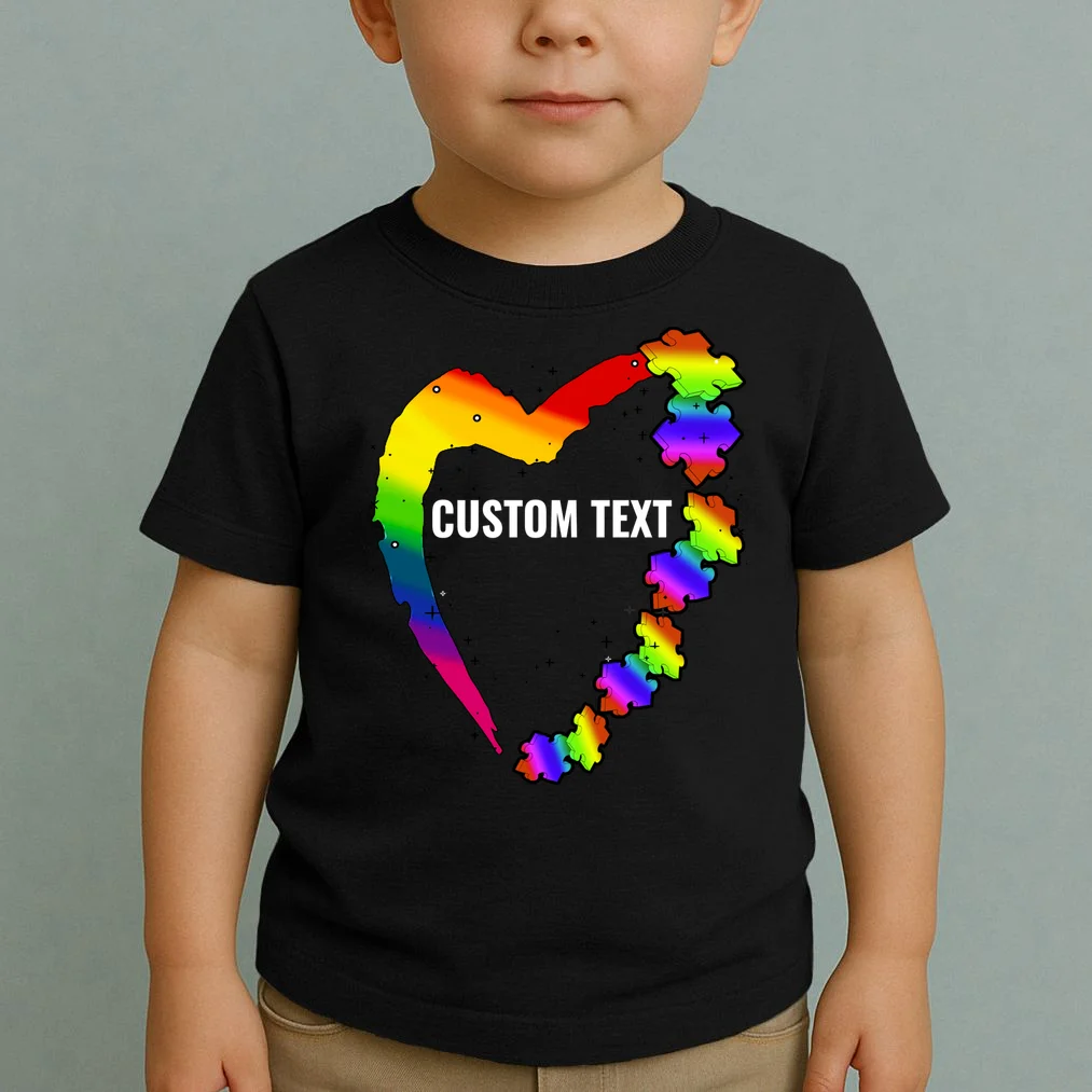 Personalize Autism Heart Custom Name Text Rainbow Puzzle Toddler T-Shirt - Front 1