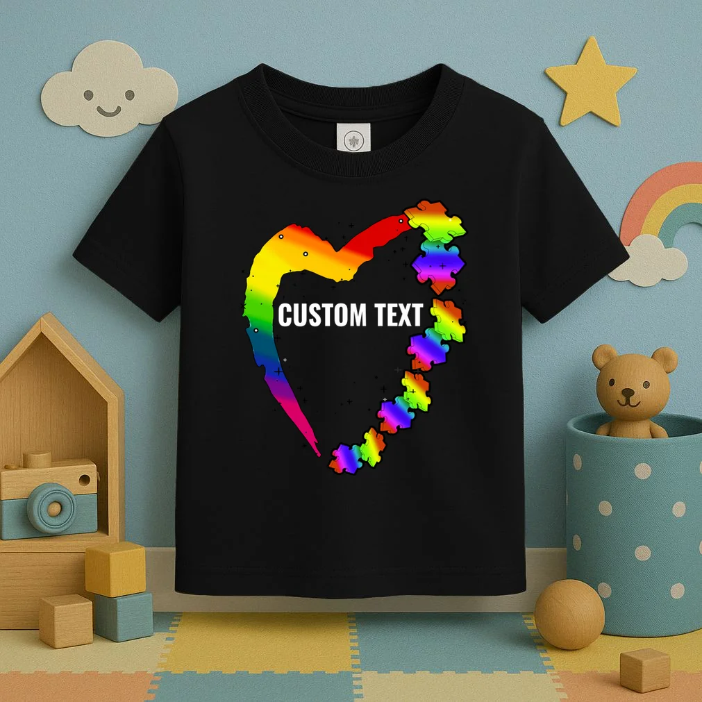 Personalize Autism Heart Custom Name Text Rainbow Puzzle Toddler T-Shirt - Front 2