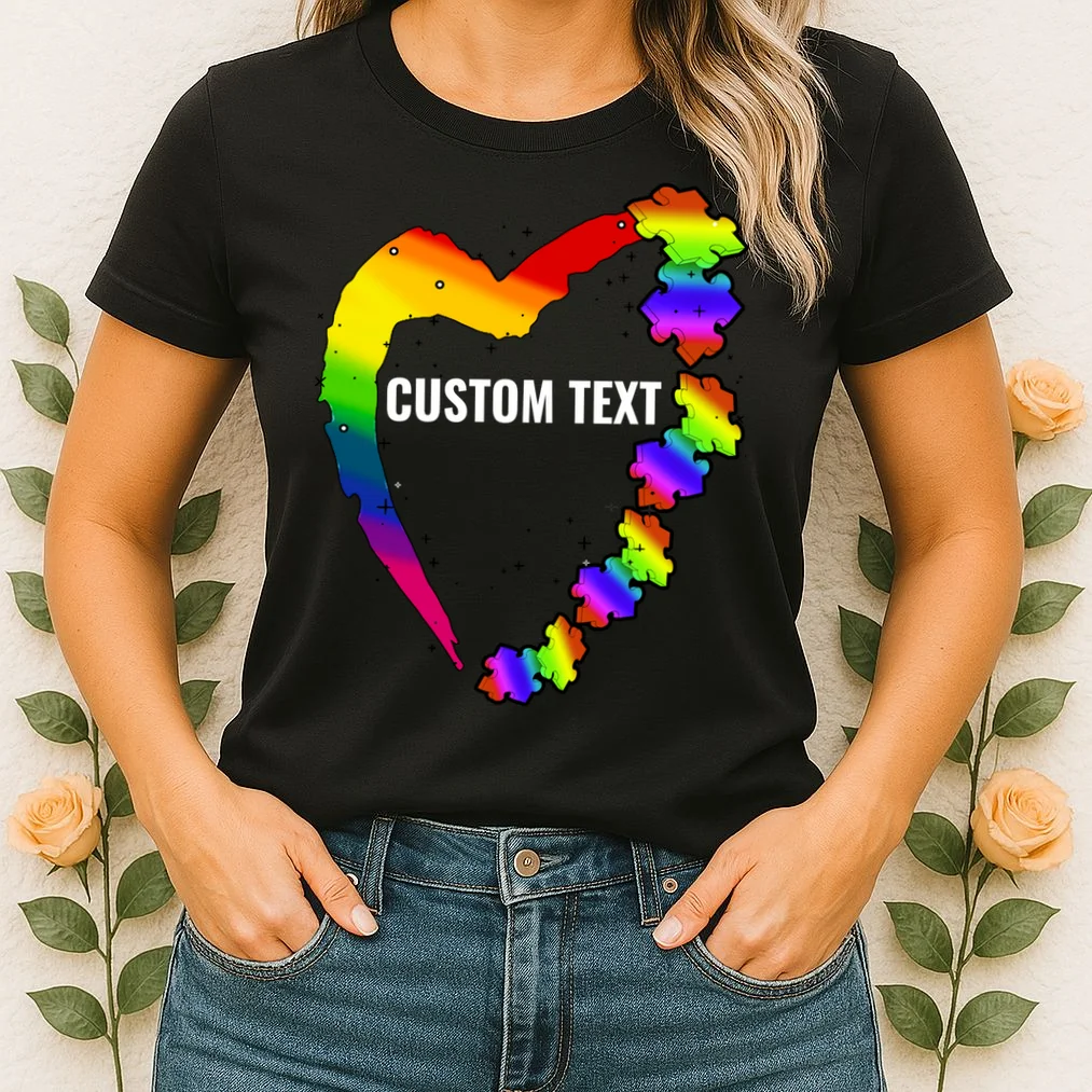 Personalize Autism Heart Custom Name Text Rainbow Puzzle Women's T-Shirt - Front 1