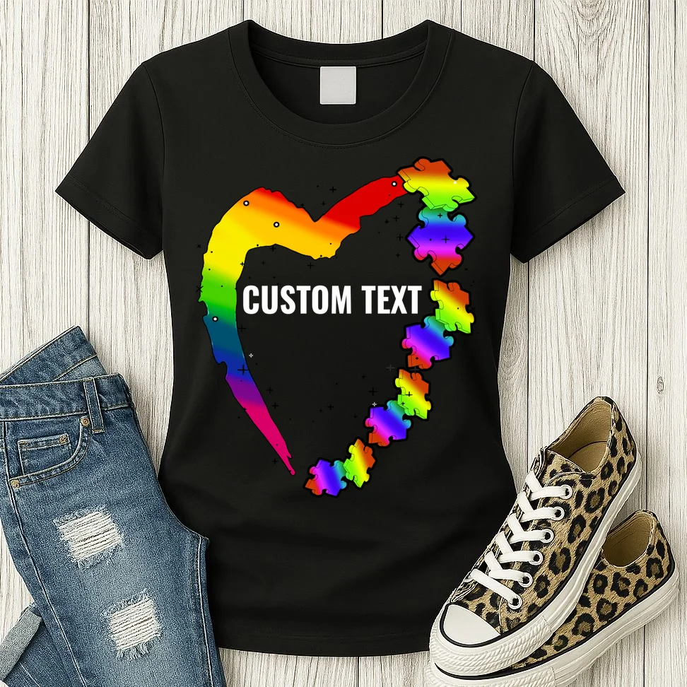 Personalize Autism Heart Custom Name Text Rainbow Puzzle Women's T-Shirt - Front 2