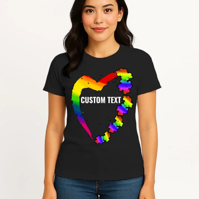 Personalize Autism Heart Custom Name Text Rainbow Puzzle Women's T-Shirt - Front 3