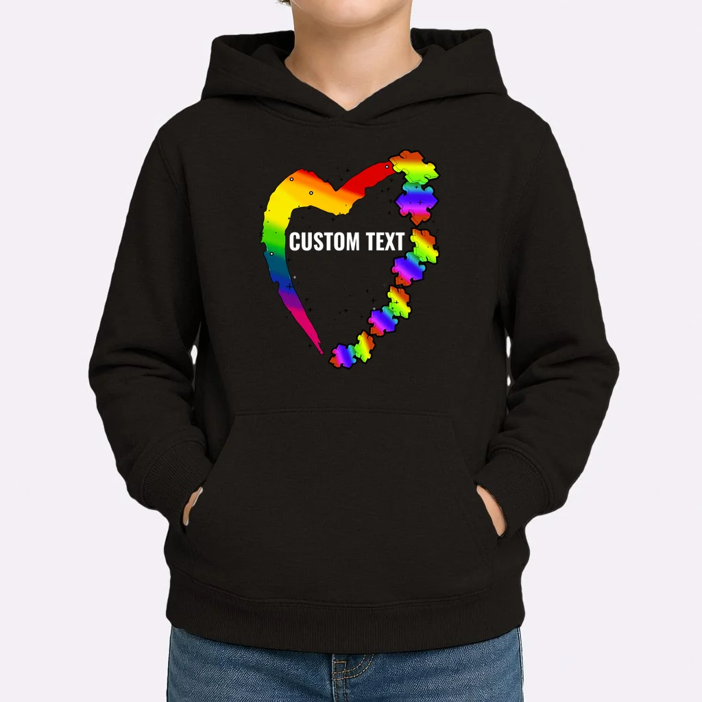 Personalize Autism Heart Custom Name Text Rainbow Puzzle Kids Hoodie - Front 1