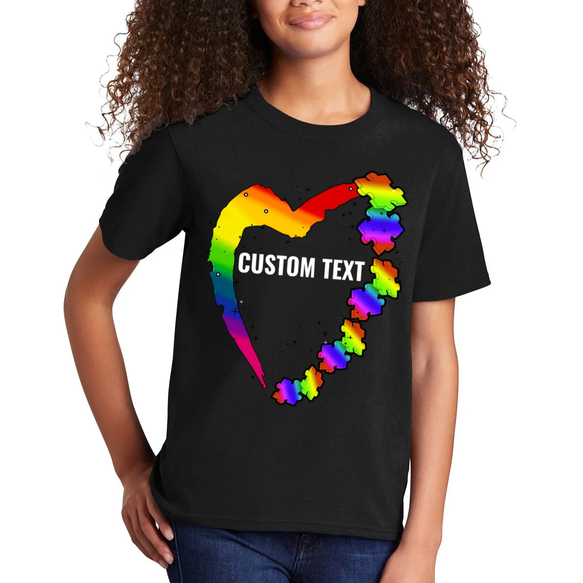 Personalize Autism Heart Custom Name Text Rainbow Puzzle Kids T-Shirt - Front 1