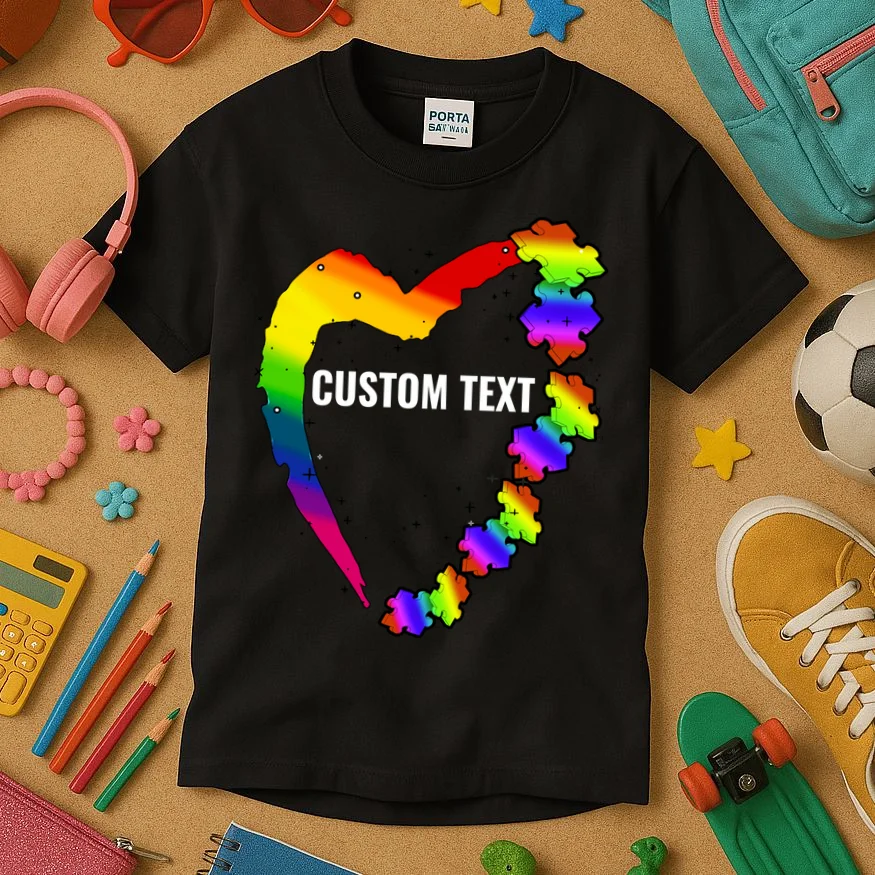 Personalize Autism Heart Custom Name Text Rainbow Puzzle Kids T-Shirt - Front 2