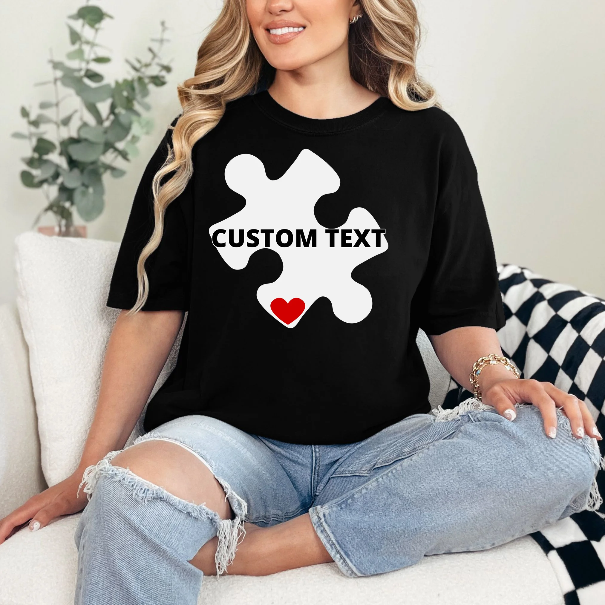 Personalized Autism Puzzle Piece Custom Text T-Shirt - Front 1