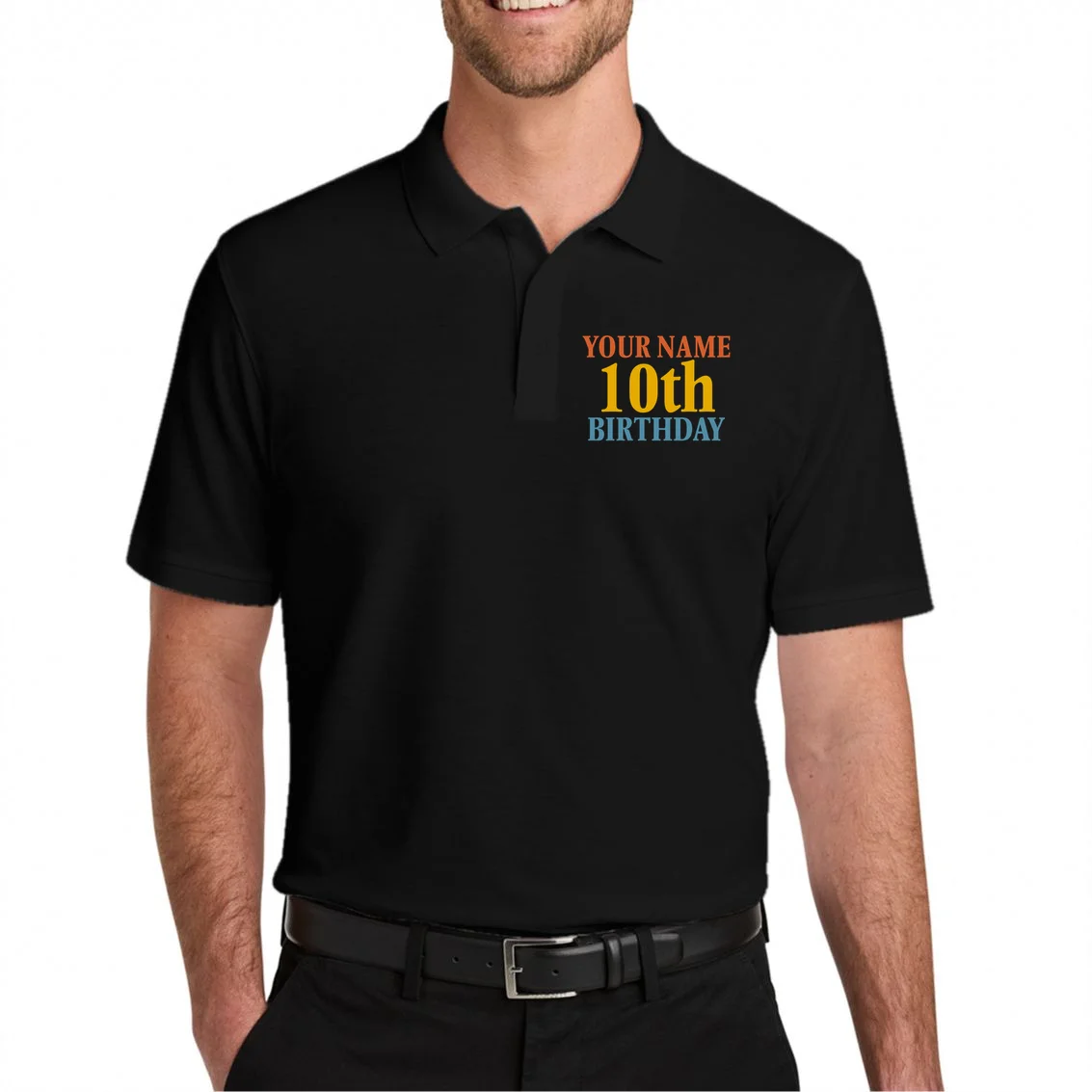 Personalized Birthday Custom Name & Age Text Men's Polo - Front 1