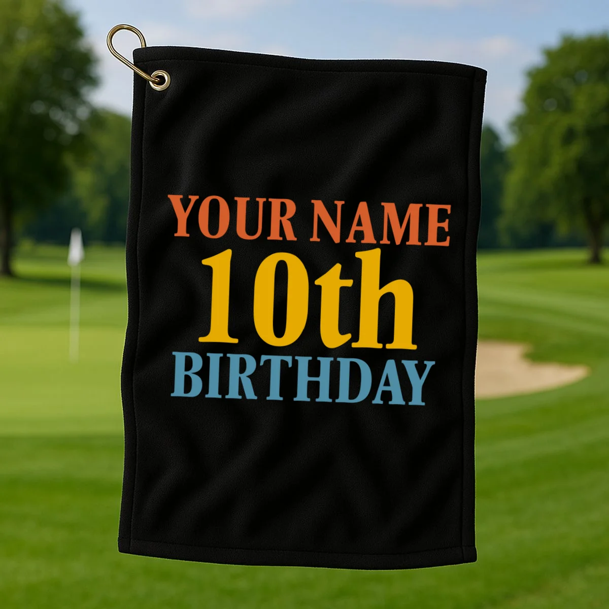 Personalized Birthday Custom Name & Age Text Golf Towel - Front 1