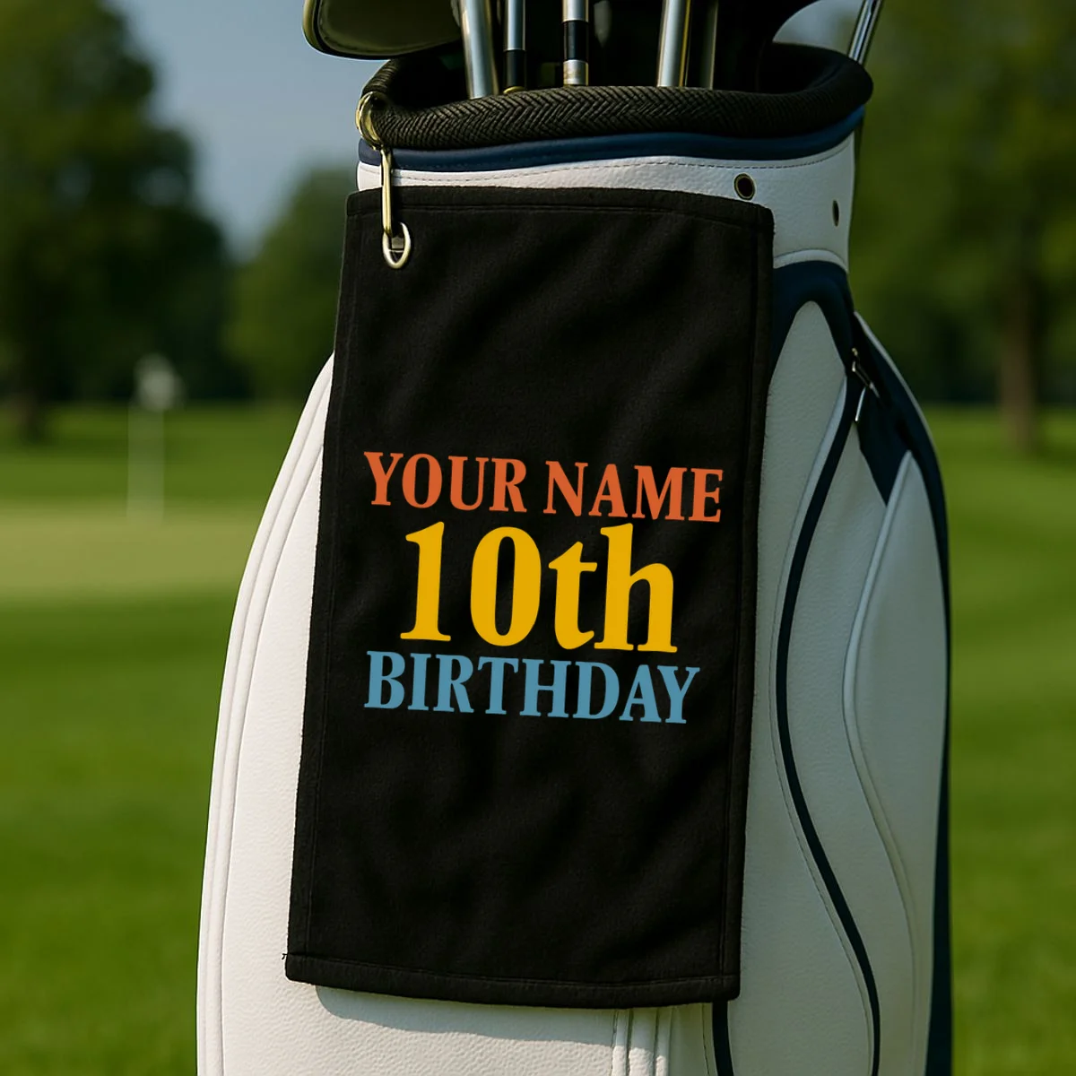 Personalized Birthday Custom Name & Age Text Golf Towel - Front 2