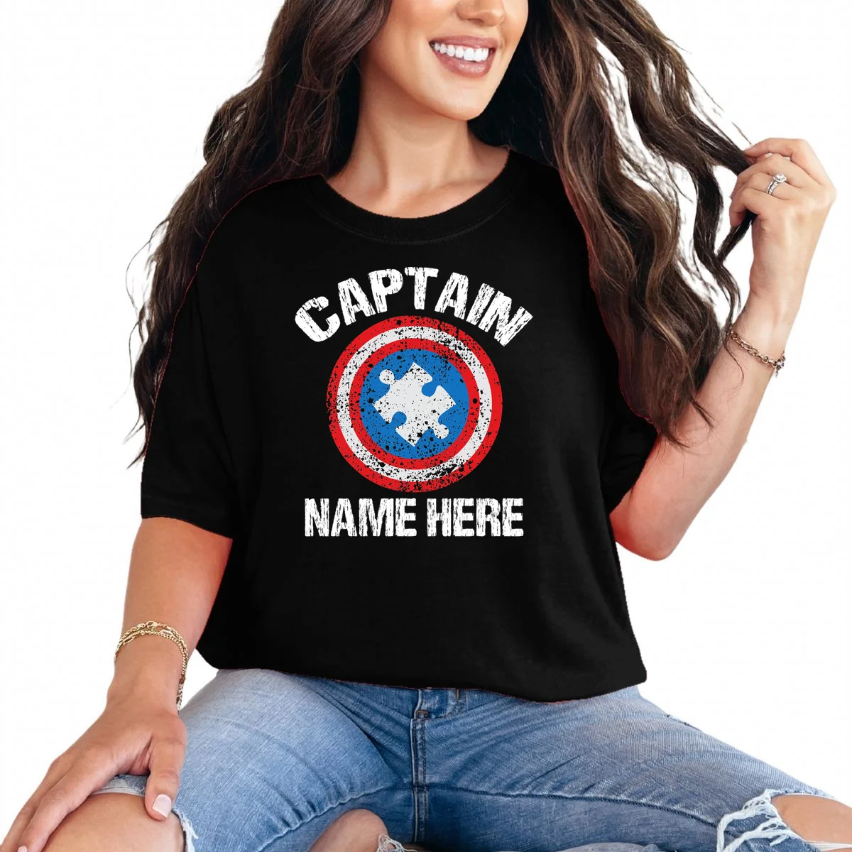 Personalized Captain Autism Puzzle Shield Custom T-Shirt - Front