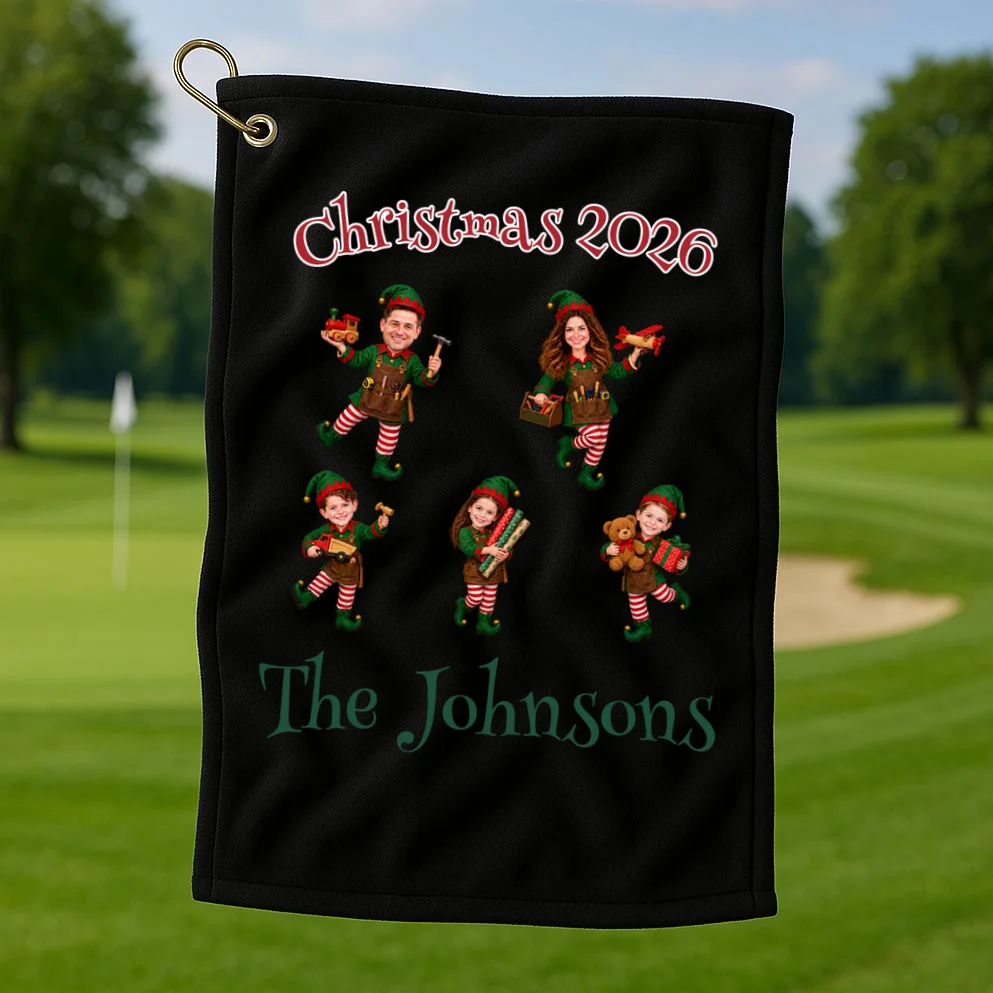 Playful Christmas Elf Family Golf Towel - Front 1