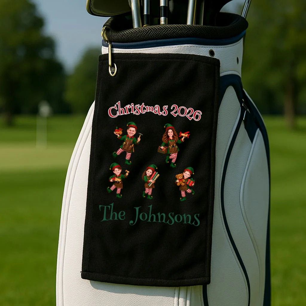 Playful Christmas Elf Family Golf Towel - Front 2