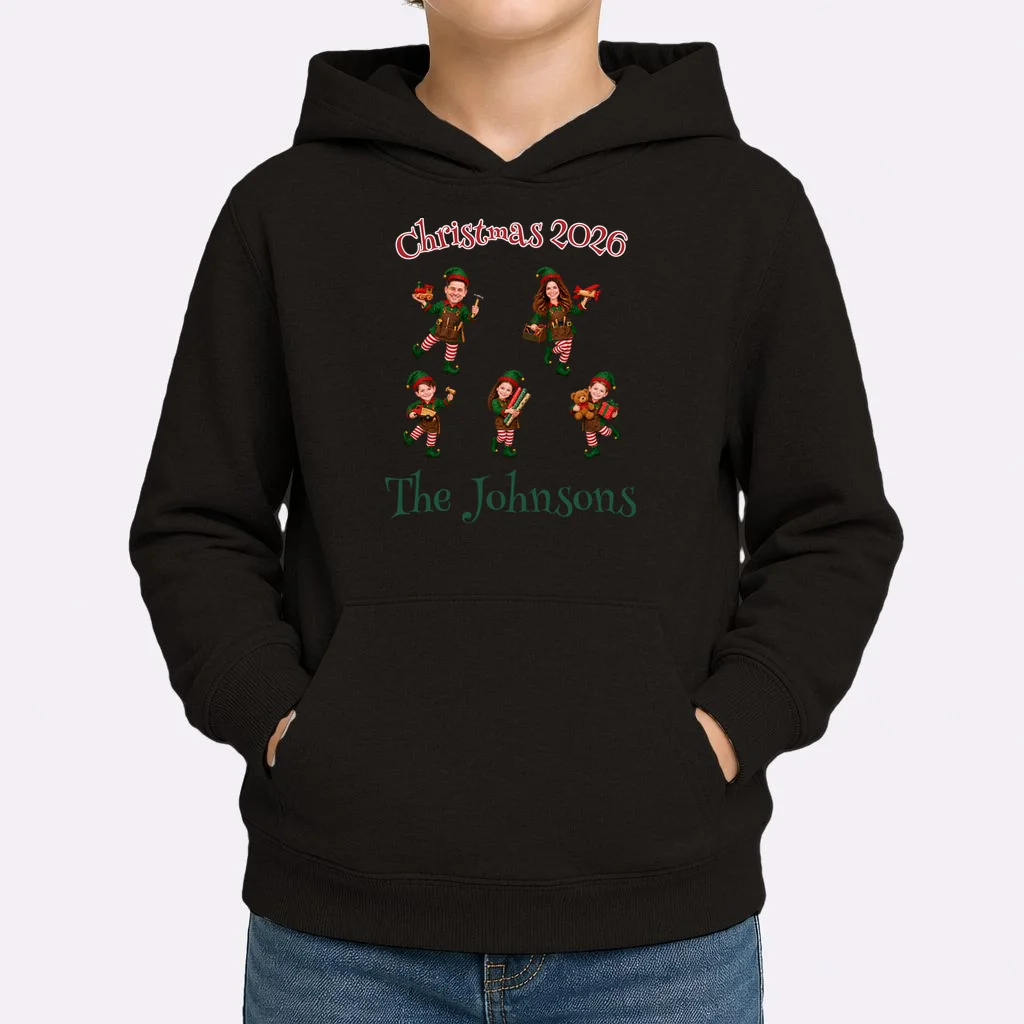 Playful Christmas Elf Family Kids Hoodie - Front 1