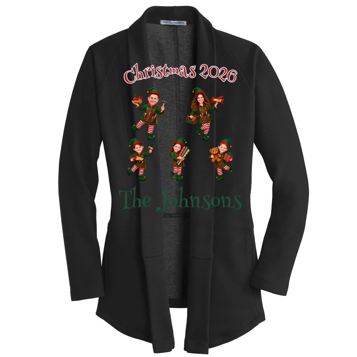 Playful Christmas Elf Family Women's Cardigan Front