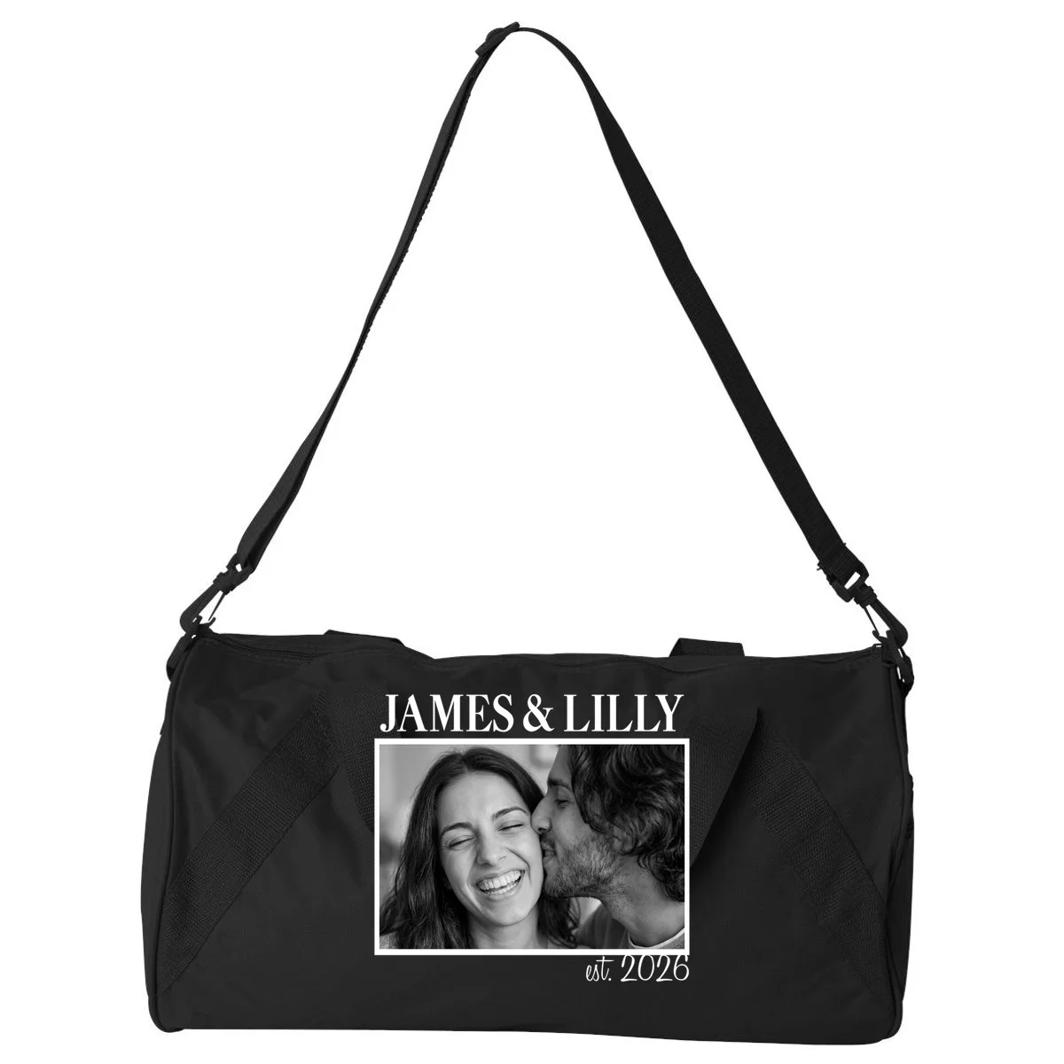 Personalized Couple Gift with Custom Photo Duffel Bag Vintage Style Engagement or Anniversary Gift - Front