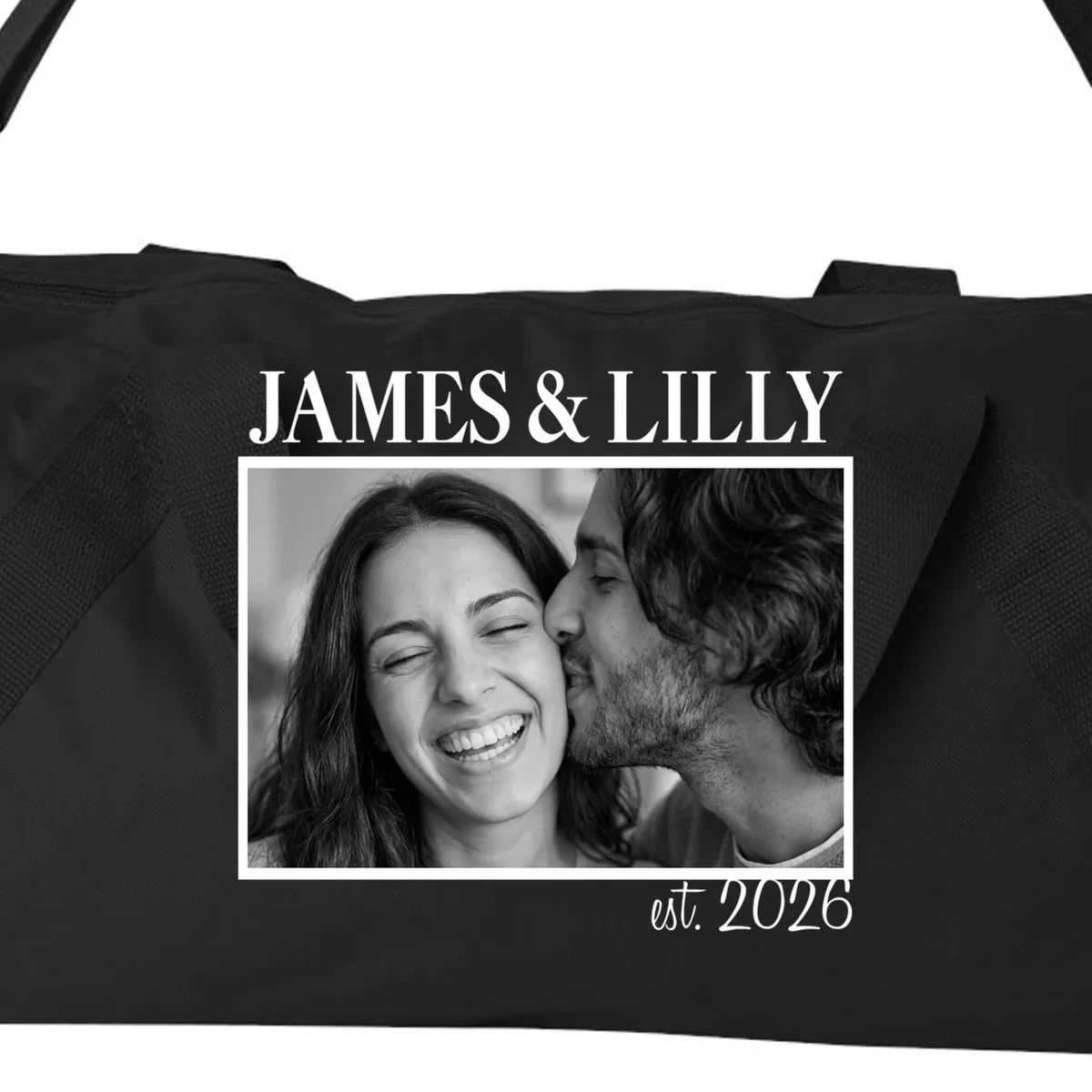 Personalized Couple Gift with Custom Photo Duffel Bag Vintage Style Engagement or Anniversary Gift - Front - Close-up