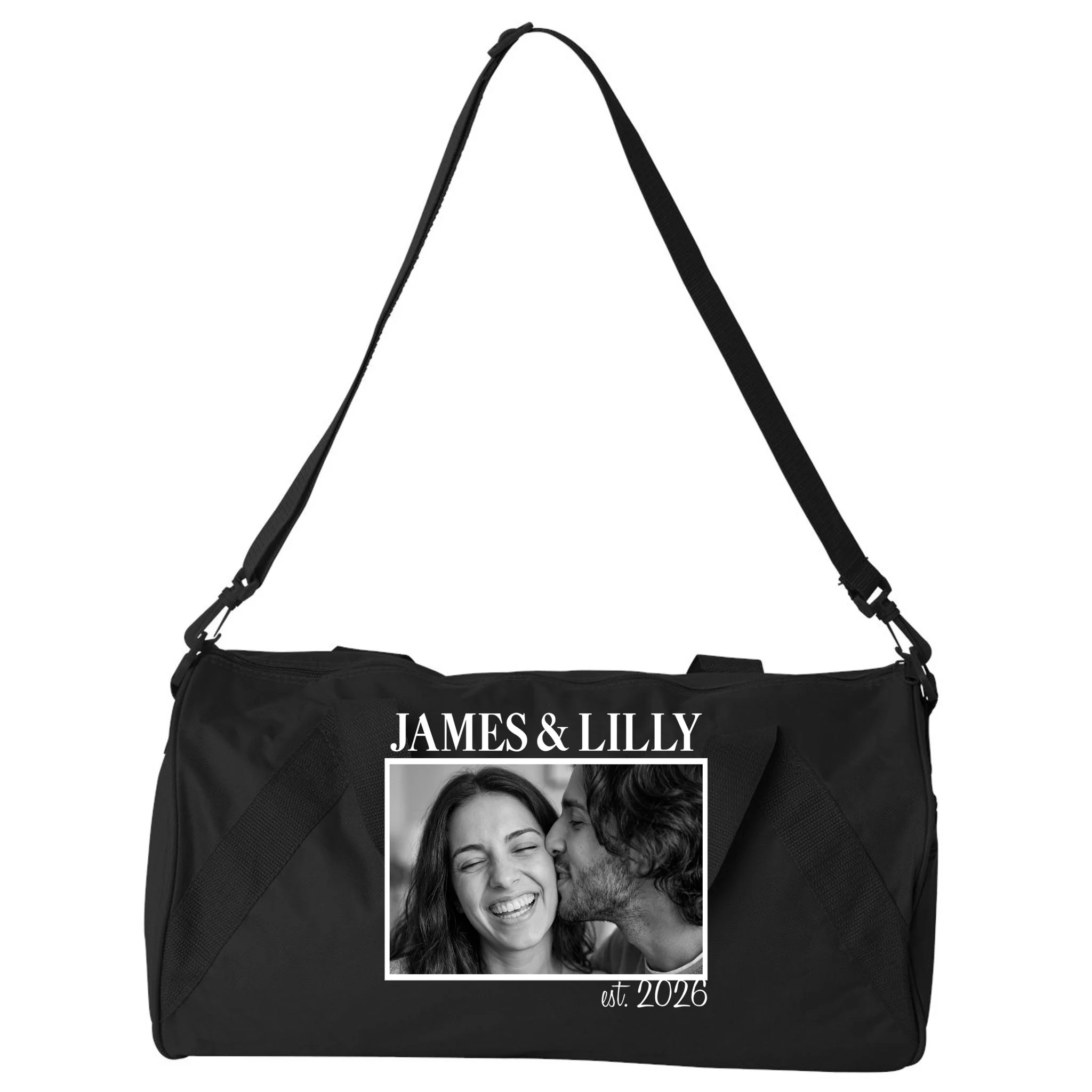 Personalized Couple Gift with Custom Photo Duffel Bag Vintage Style Engagement or Anniversary Gift - Front