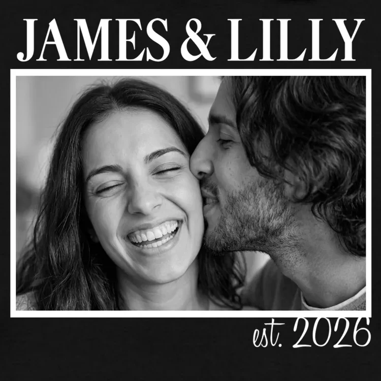 Personalized Couple Gift with Custom Photo Men's Hoodie Vintage Style Engagement or Anniversary Gift - Front - Close-up