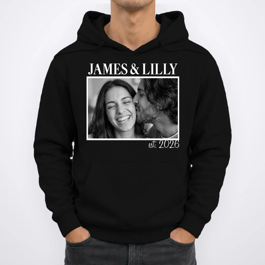 Personalized Couple Gift with Custom Photo Hoodie Vintage Style Engagement or Anniversary Gift - Front 1