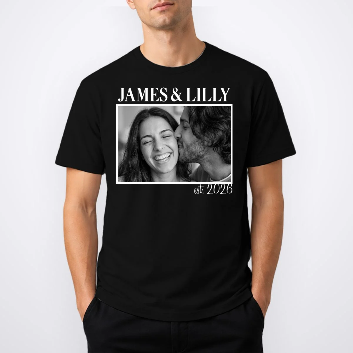 Personalized Couple Gift with Custom Photo T-Shirt Vintage Style Engagement or Anniversary Gift - Front 1