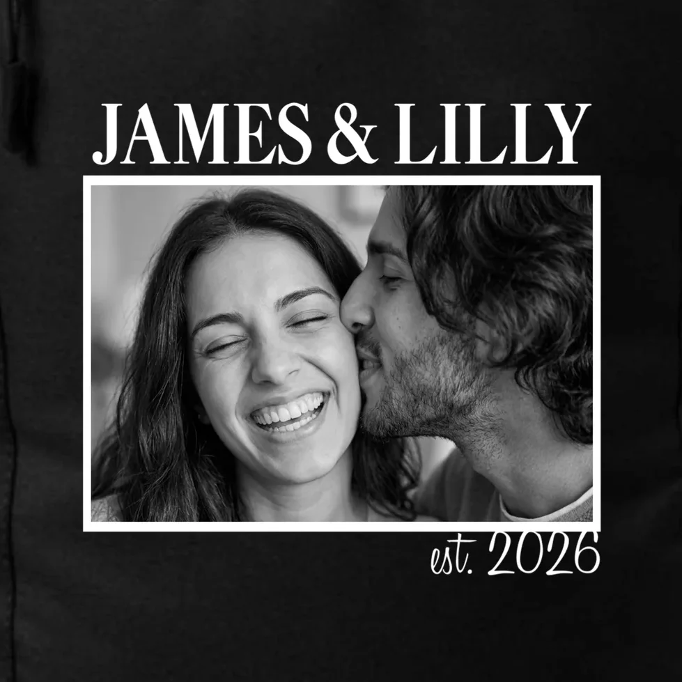 Personalized Couple Gift with Custom Photo Backpack Vintage Style Engagement or Anniversary Gift - Front - Close-up